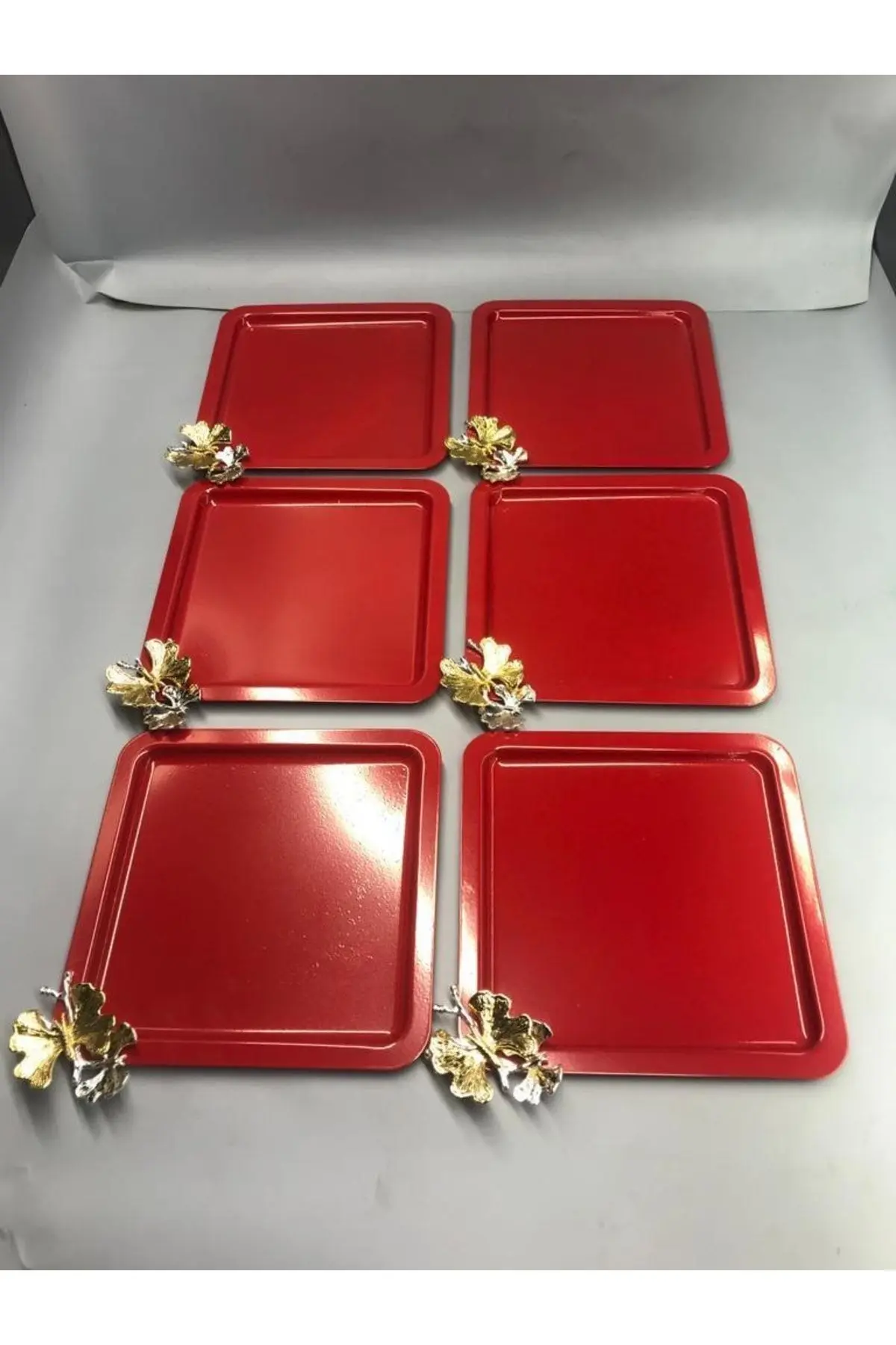 Lüx Kelebek Aksesuarlı Paslanmaz Çelik Kare 6’lı Kırmızı Kahve, Çay, Dekoratif Sunum Servis Tepsisi