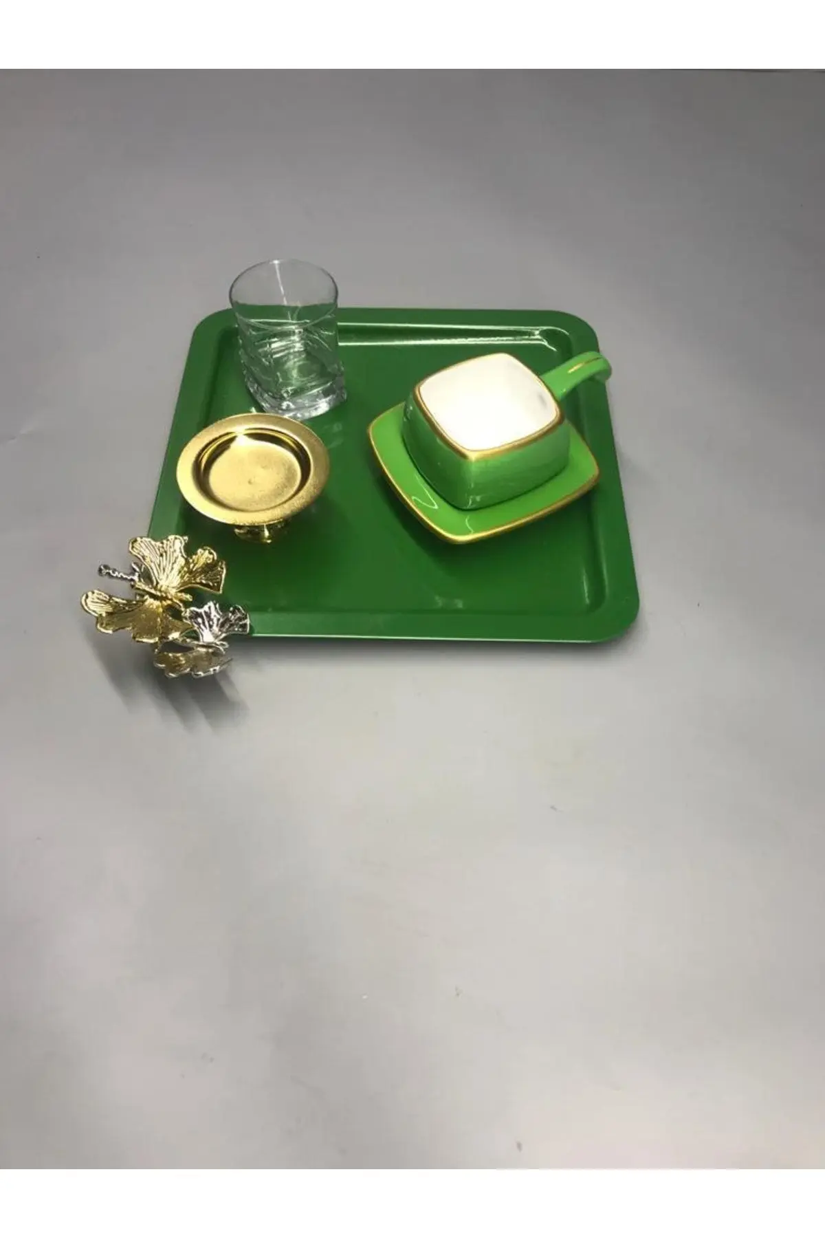Lüx Kelebek Aksesuarlı Paslanmaz Çelik Kare 6’lı Yeşil Kahve, Çay, Dekoratif Sunum Servis Tepsisi