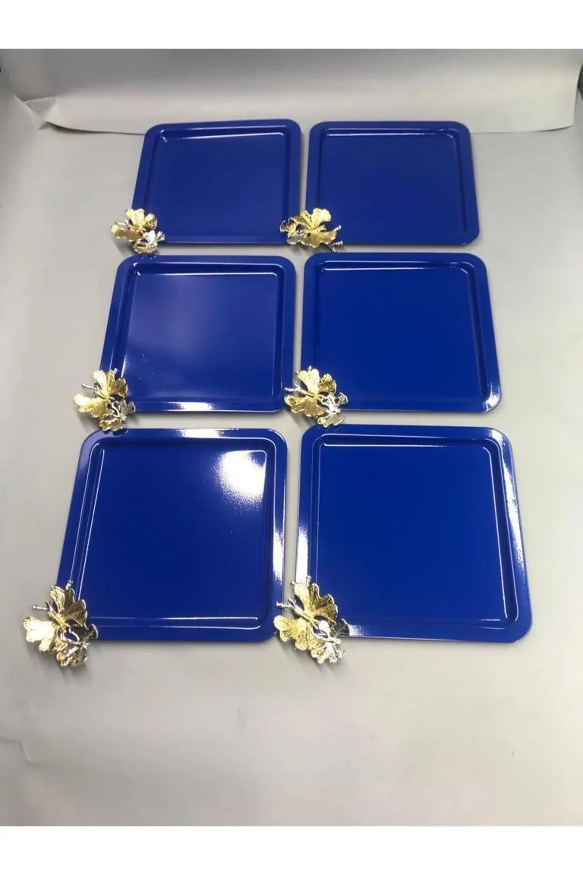 Lüx Kelebek Aksesuarlı Paslanmaz Çelik Kare 6’lı Mavi Kahve, Çay, Dekoratif Sunum Servis Tepsisi