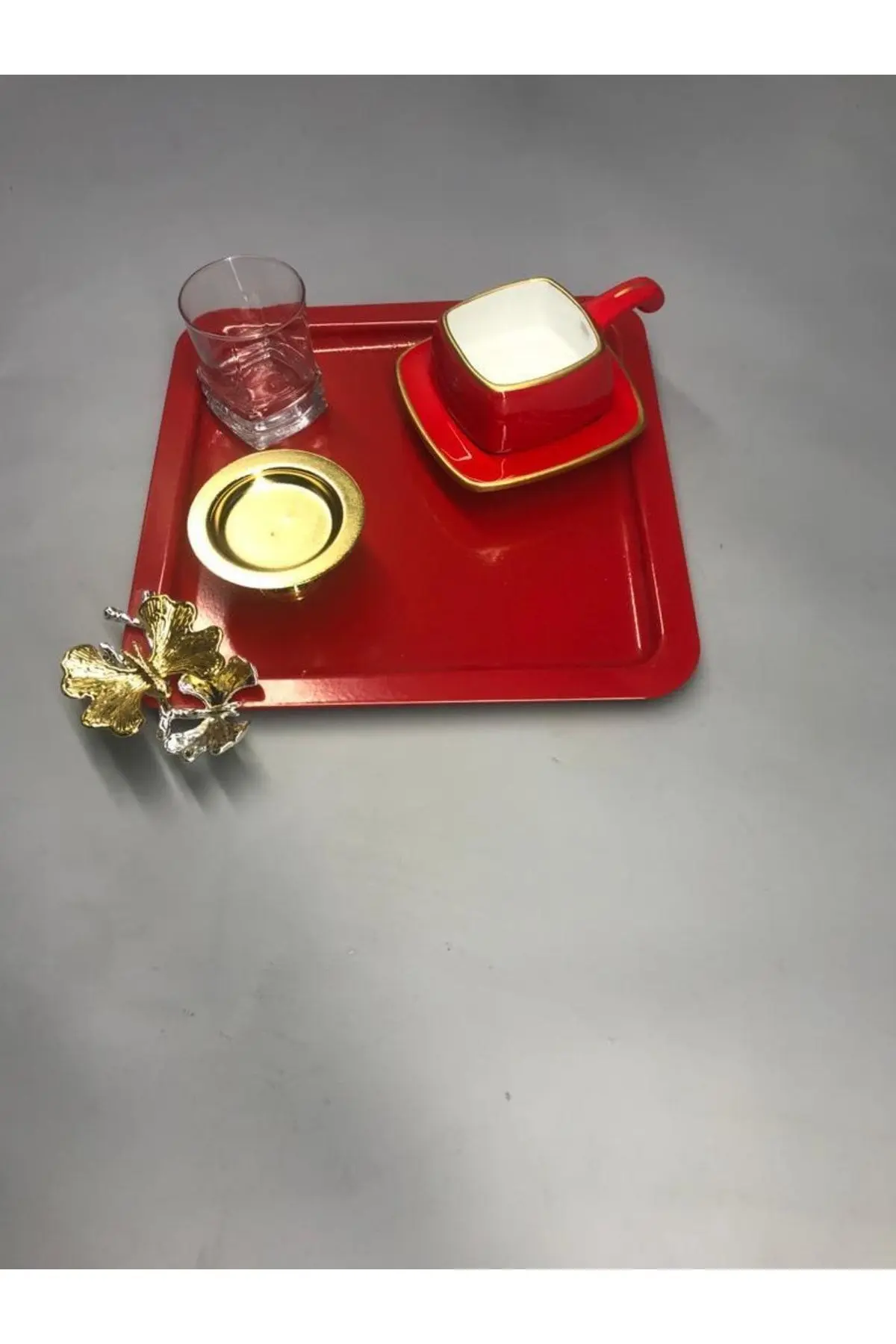 Lüx Kelebek Aksesuarlı Paslanmaz Çelik Kare 6’lı Kırmızı Kahve, Çay, Dekoratif Sunum Servis Tepsisi
