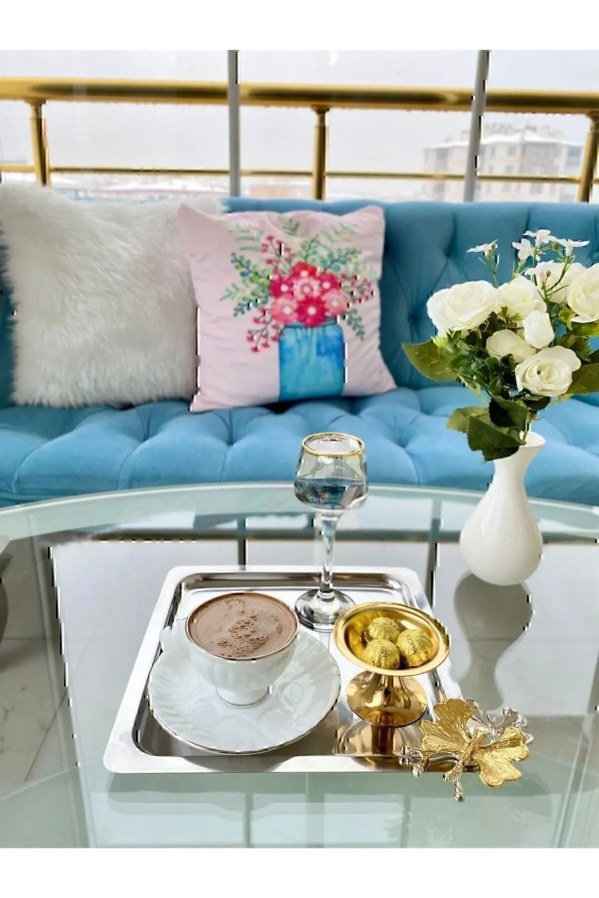 Lüx Kare Kelebek Aksesuarlı Paslanmaz Çelik 6’lı Gümüş Kahve, Çay, Dekoratif Sunum Servis Tepsisi