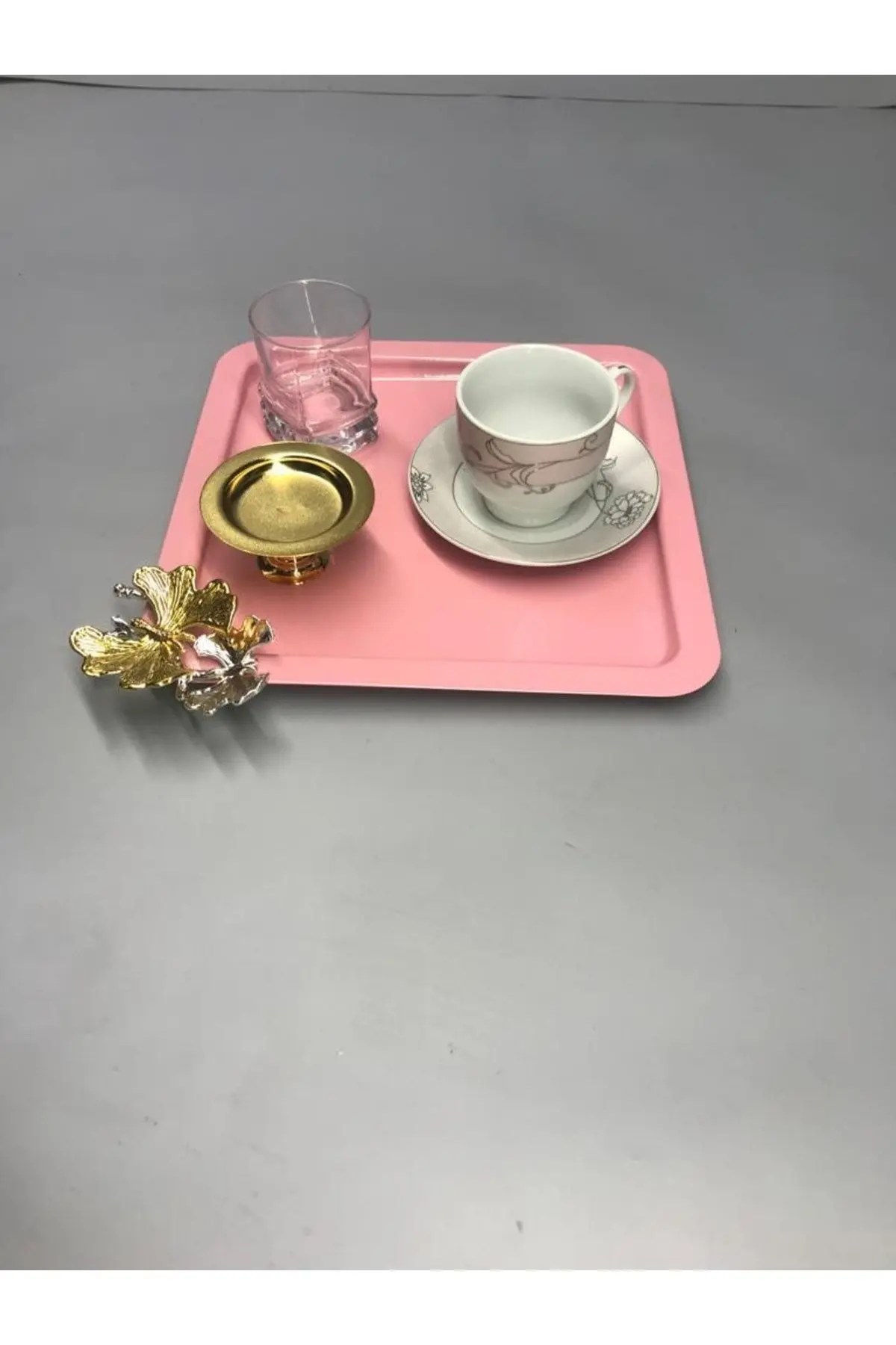 Lüx Kelebek Aksesuarlı Paslanmaz Çelik Kare 6’lı Açık Pembe Kahve, Çay, Dekoratif Sunum Tepsisi