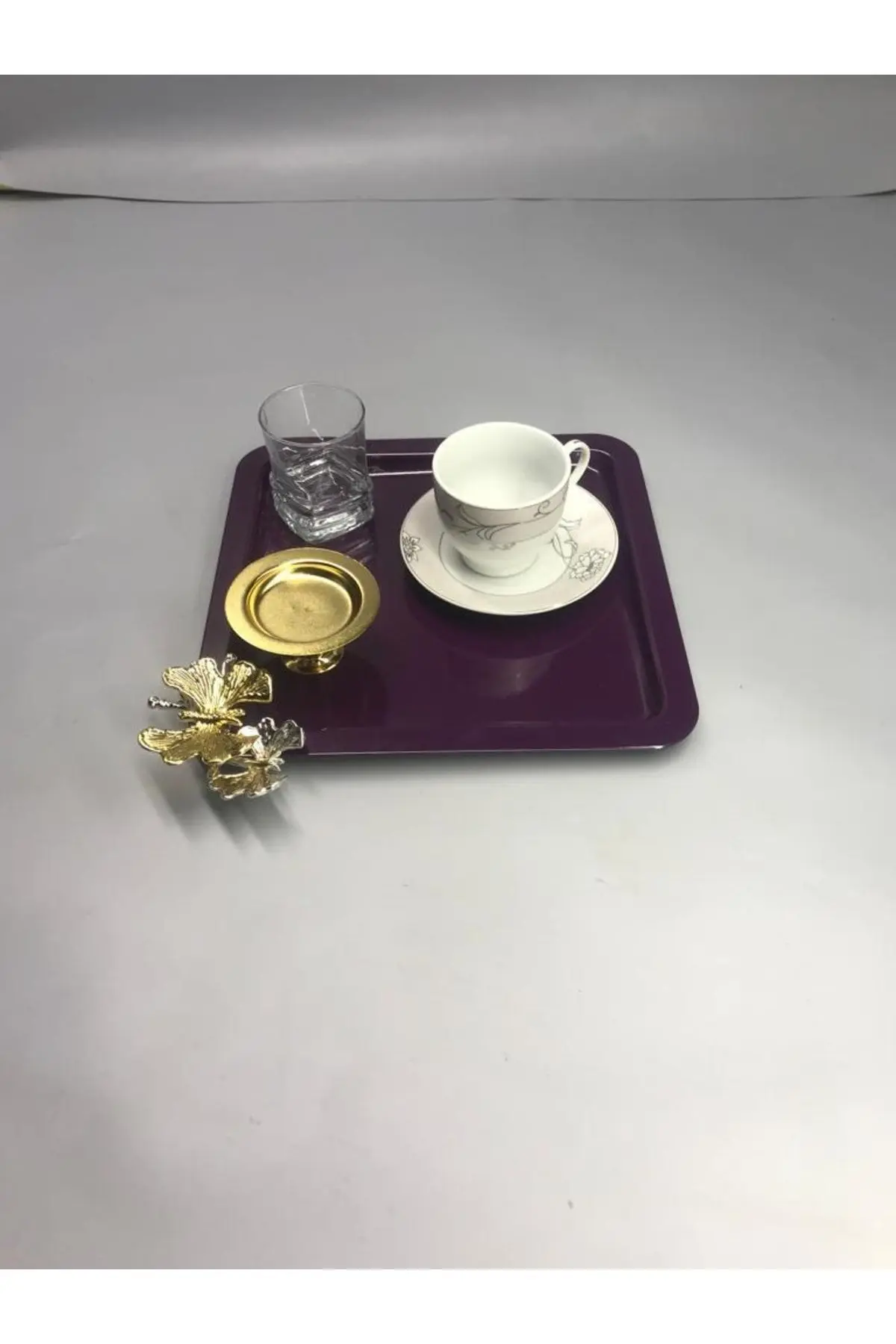 Lüx Kelebek Aksesuarlı Paslanmaz Çelik Kare 6’lı Mor Kahve, Çay, Dekoratif Sunum Servis Tepsisi