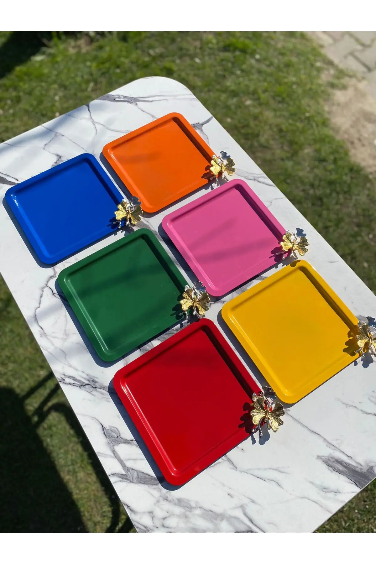 Lüx 6’lı karışık Renkte kare Kelebek Aksesuarlı Paslanmaz Çelik Kahve,Dekoratif Sunum Servis Tepsisi