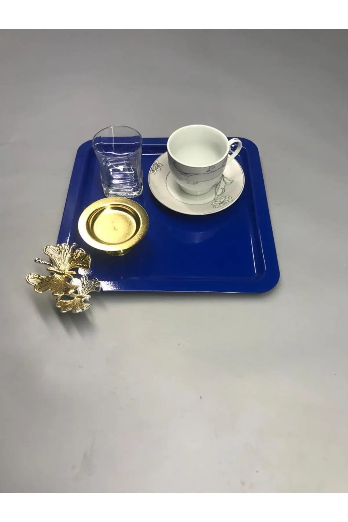 Lüx Kelebek Aksesuarlı Paslanmaz Çelik Kare 6’lı Mavi Kahve, Çay, Dekoratif Sunum Servis Tepsisi