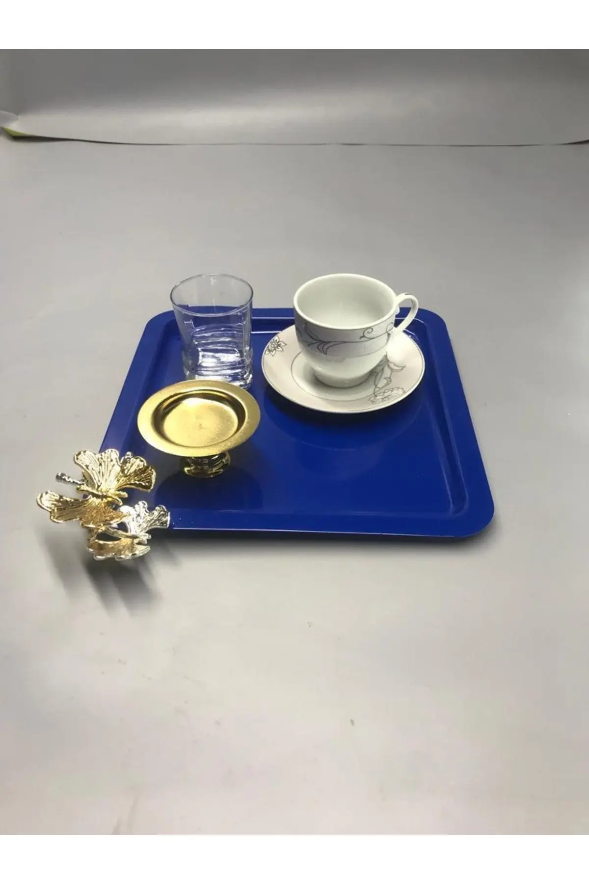 Lüx Kelebek Aksesuarlı Paslanmaz Çelik Kare 6’lı Mavi Kahve, Çay, Dekoratif Sunum Servis Tepsisi