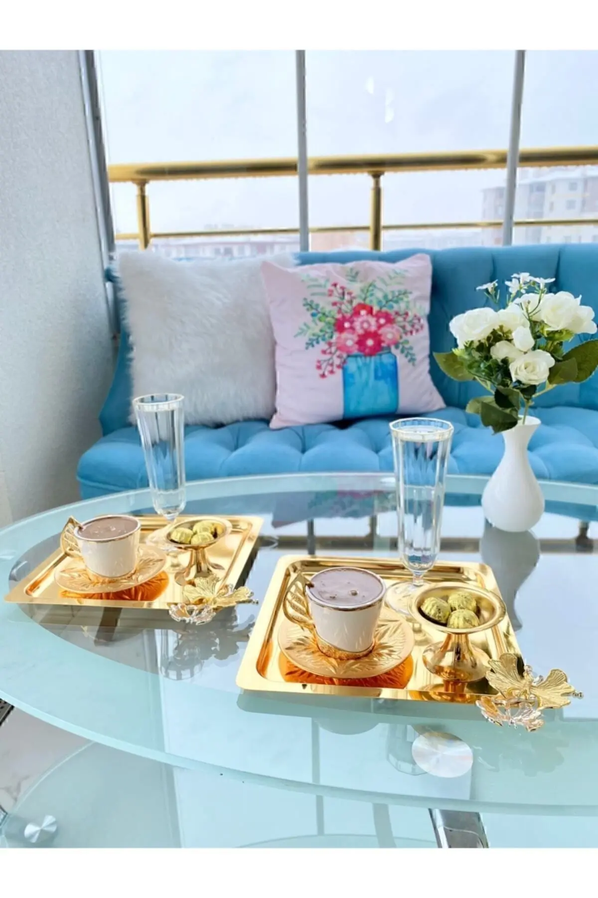 6'lı Lüx Kare Gold Kelebekli Titanyum Kaplama Servis ,çay ,kahve ,ikramlık Sunum Tepsisi