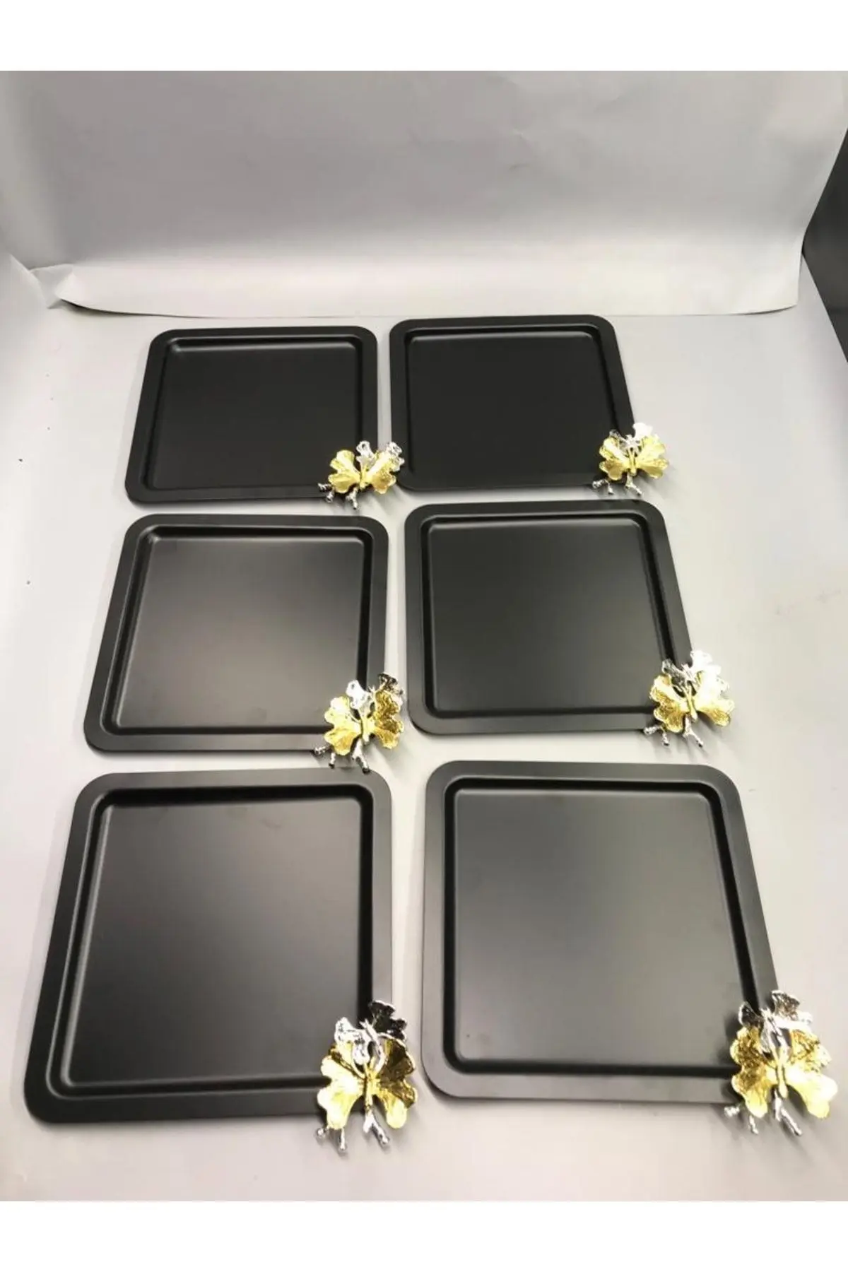 Mira züccaciye Lüx Kare Kelebek Aksesuarlı Paslanmaz Çelik 6’lı Siyah Kahve, Çay, Dekoratif Sunum Servis Tepsisi