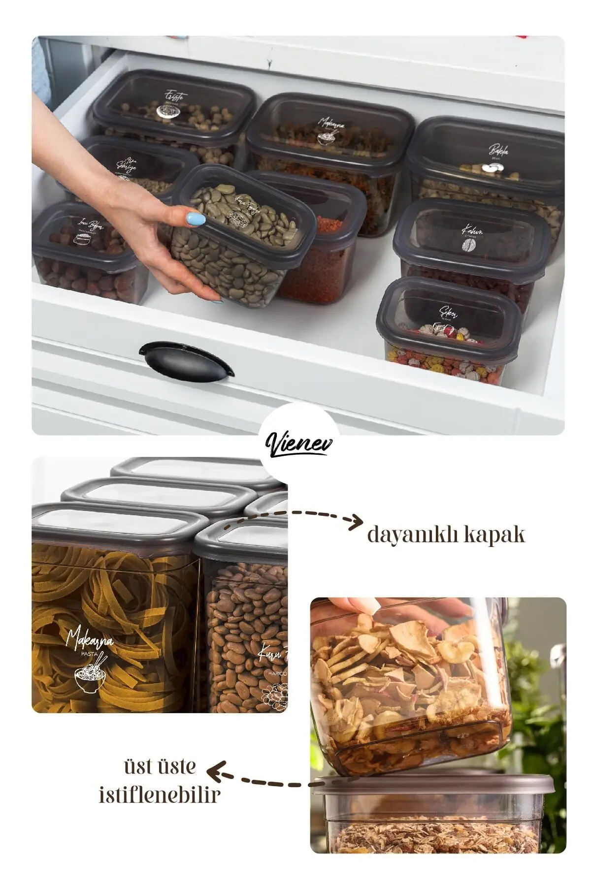 Beyaz Serigrafi Etiketli 12li Set Peggy Şeffaf Kapaklı Uzun Dikdörtgen Saklama Kabı 1,3 Litre