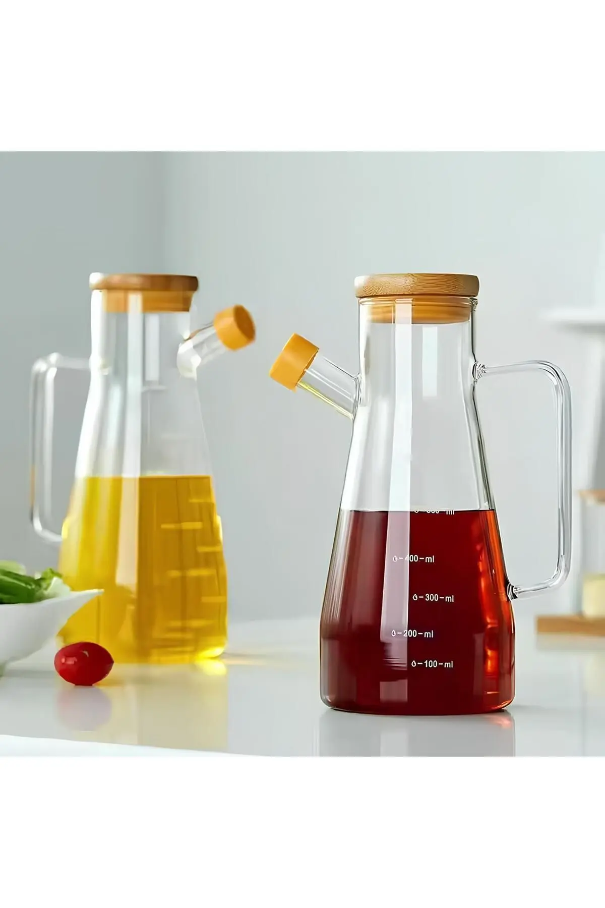 Bambu Kapaklı Vakumlu Borosilikat 3'lü Set Cam Yağlık Sirkelik Bambu Altlık