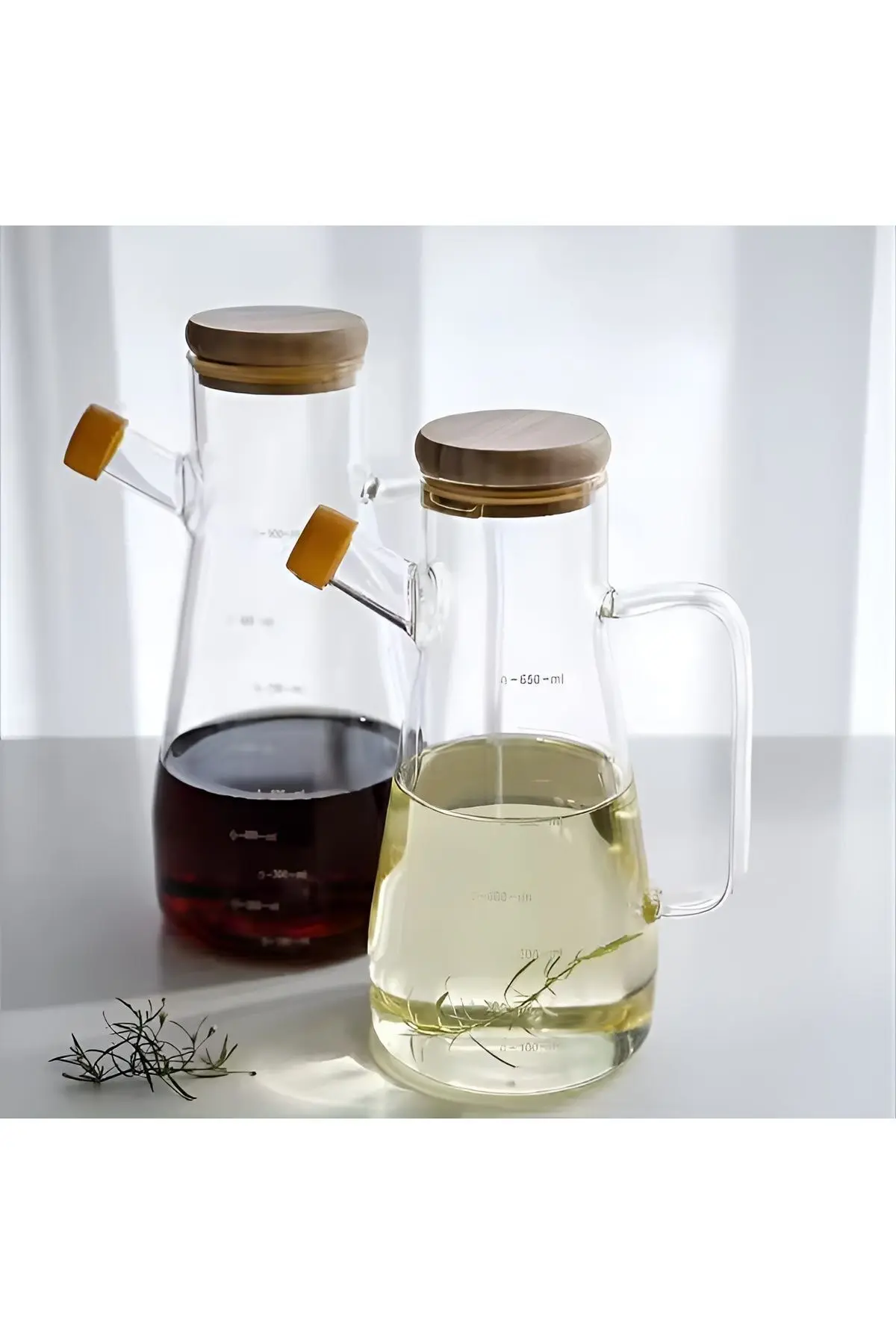 Bambu Kapaklı Vakumlu Borosilikat 3'lü Set Cam Yağlık Sirkelik Bambu Altlık