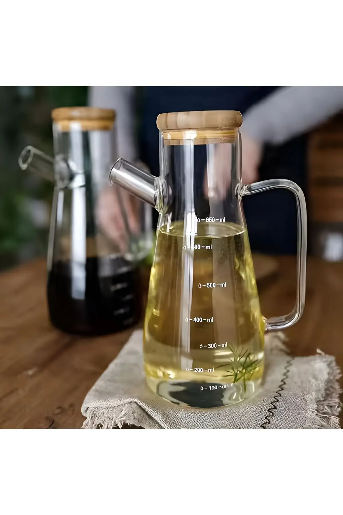 Bambu Kapaklı Vakumlu Borosilikat 3'lü Set Cam Yağlık Sirkelik Bambu Altlık