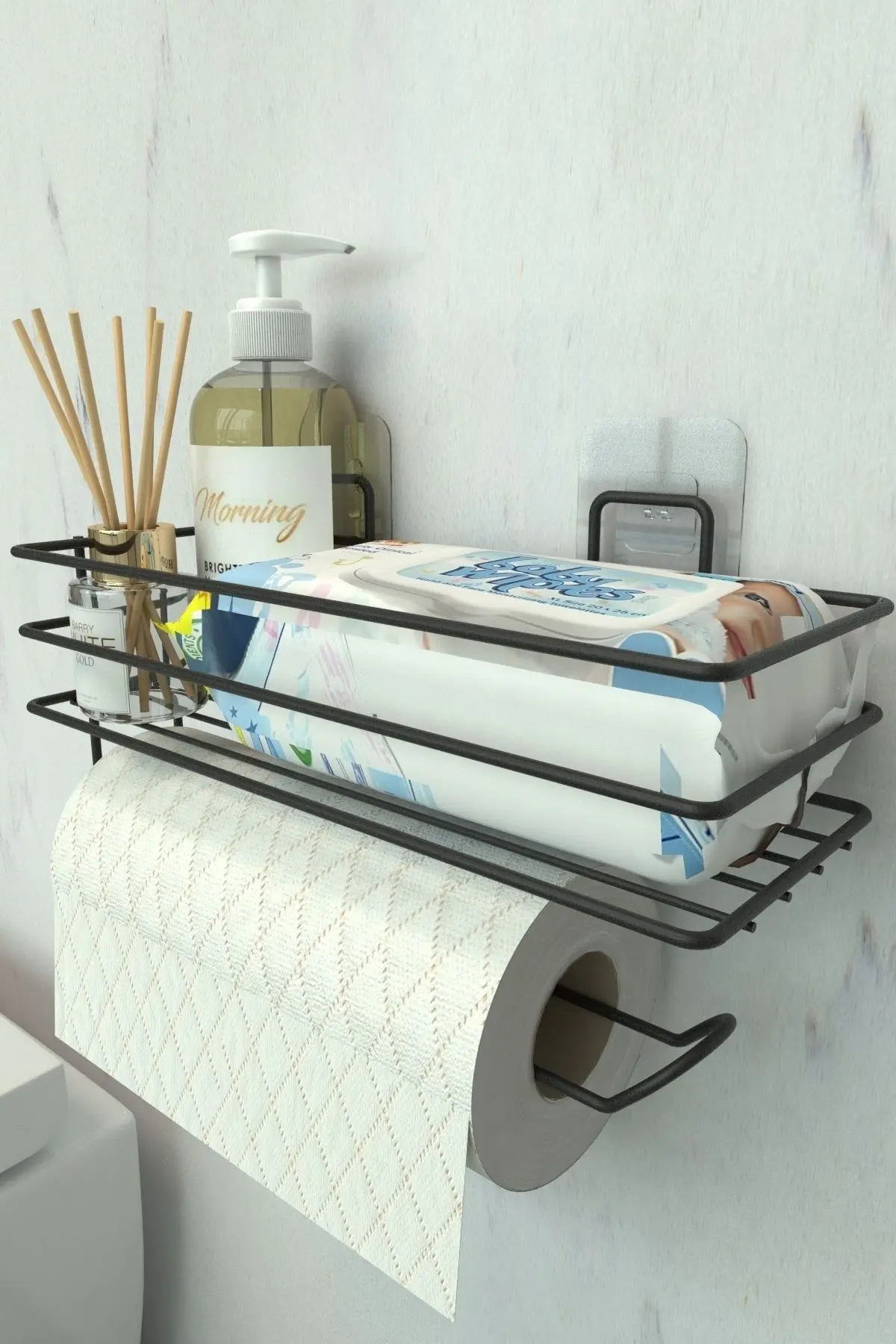 Yapışkanlı Raflı Kağıt Rulo Havluluk Peçetelik Havlu Kağıltlık Siyah Banyo Mutfak Düzenleyici Raf