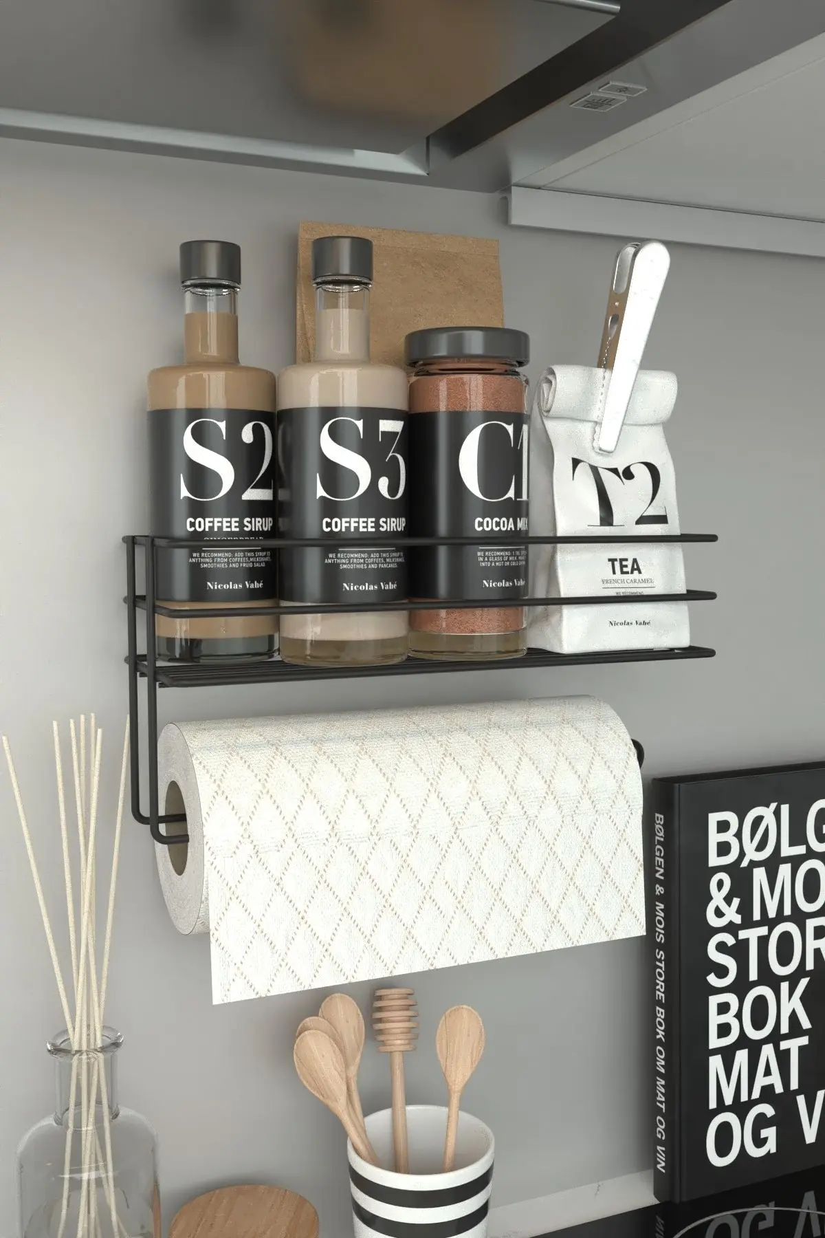 zabata Yapışkanlı Raflı Kağıt Rulo Havluluk Peçetelik Havlu Kağıltlık Siyah Banyo Mutfak Düzenleyici Raf