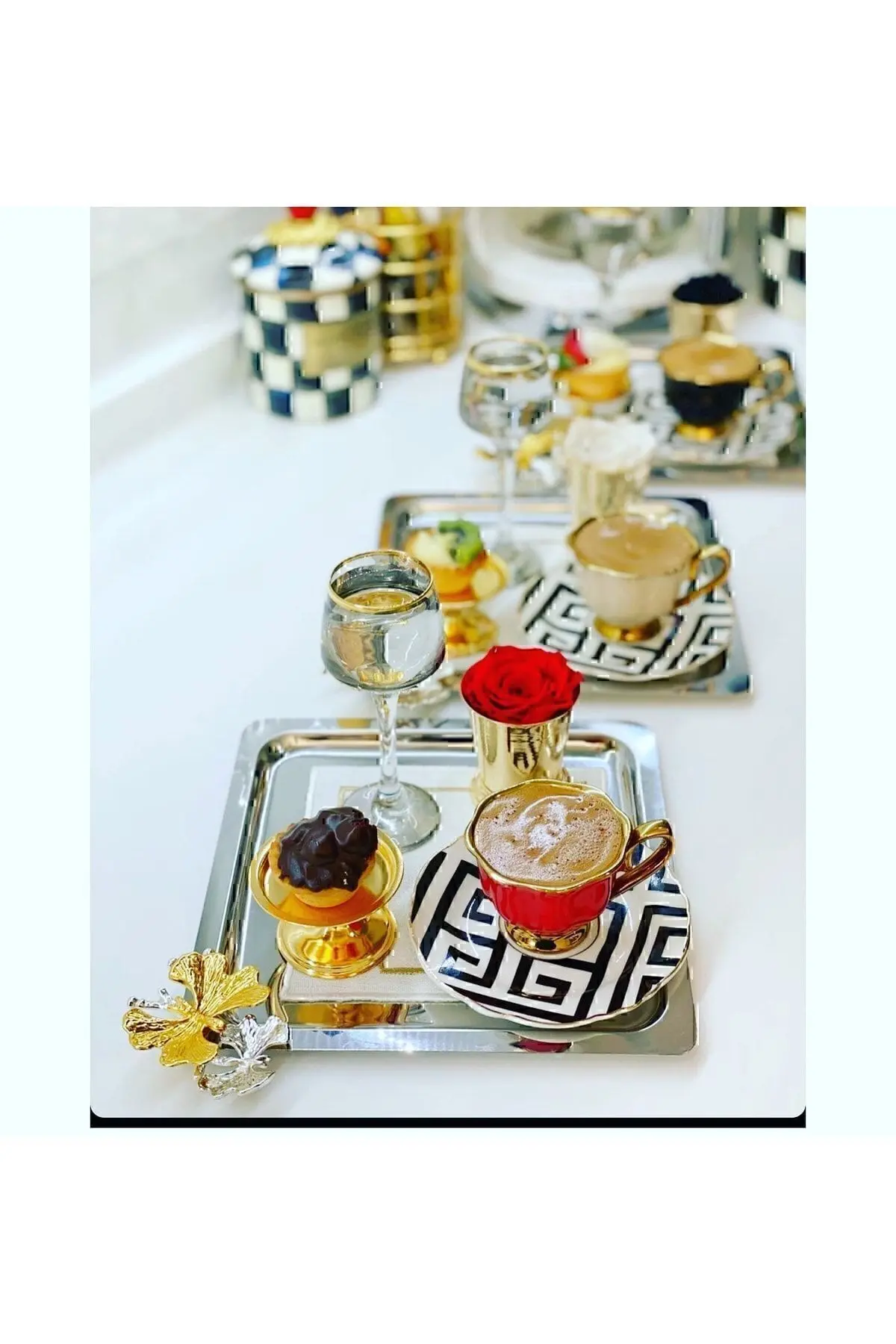 Paslanmaz Çelik Kare Model 6 Lı Kahve Tepsisi Kelebek Aksesuarlı Lüx Sunum