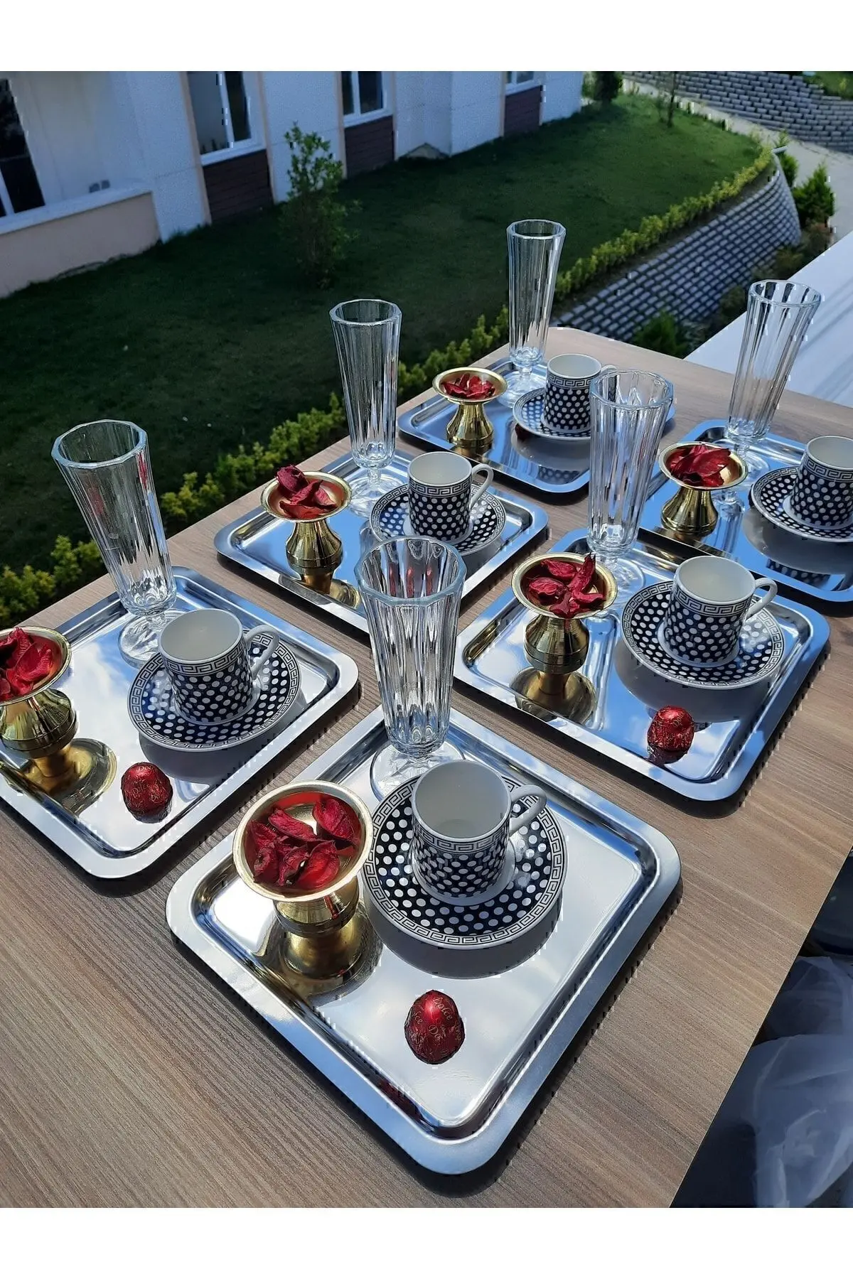 süslühome Paslanmaz Çelik Kare 6lı Aksesuarsız Çay Kahve Sunum Tepsisi