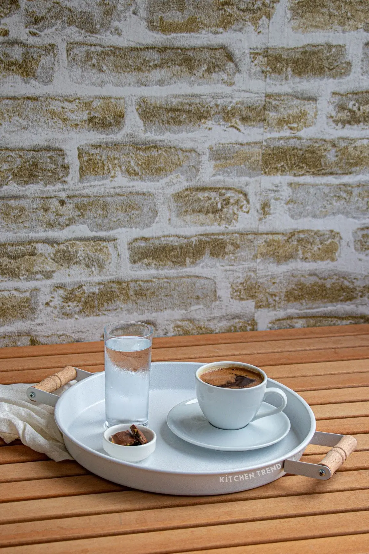 3 Lü (51, 37, 30 CM) Ahşap Kulplu Metal Tepsi Çay Tepsisi Kahve Tepsisi Sunum Tepsi Seti