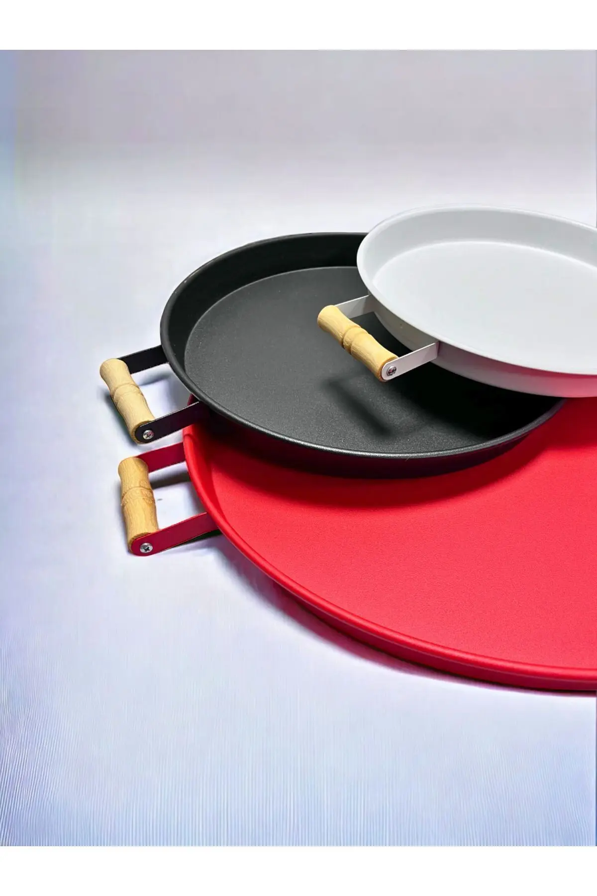 3 Lü Ahşap Kulplu Metal Tepsi Çay Tepsisi Kahve Tepsisi Sunum Tepsi Seti (KIRMIZI,SİYAH,BEYAZ)