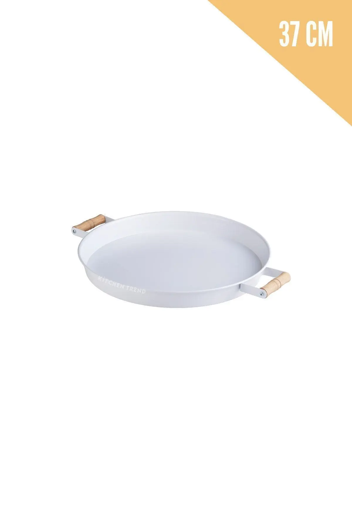 3 Lü Beyaz (45, 37, 30 CM) Ahşap Kulplu Metal Tepsi Çay Tepsisi Sunum Tepsi Seti