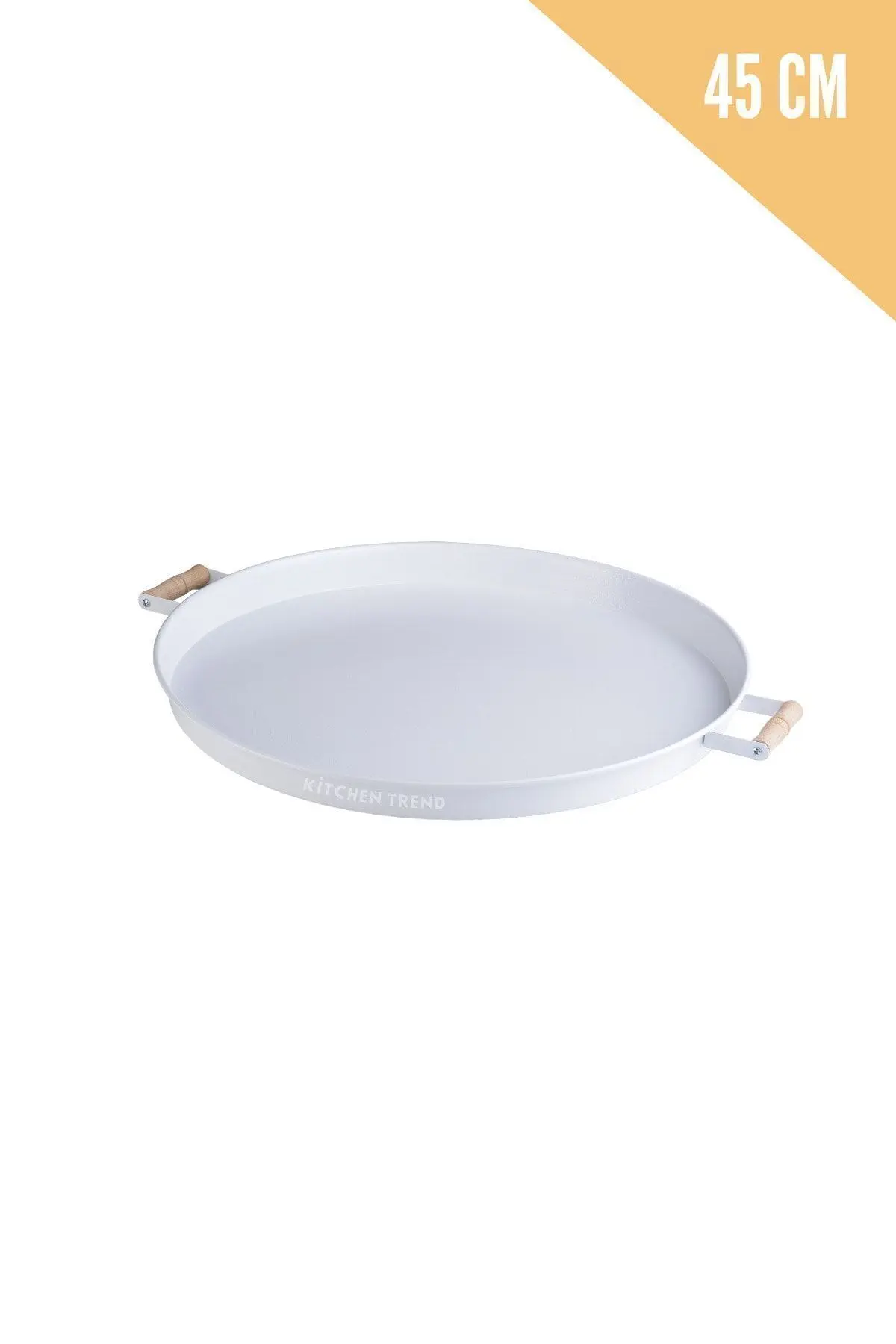 3 Lü Beyaz (45, 37, 30 CM) Ahşap Kulplu Metal Tepsi Çay Tepsisi Sunum Tepsi Seti