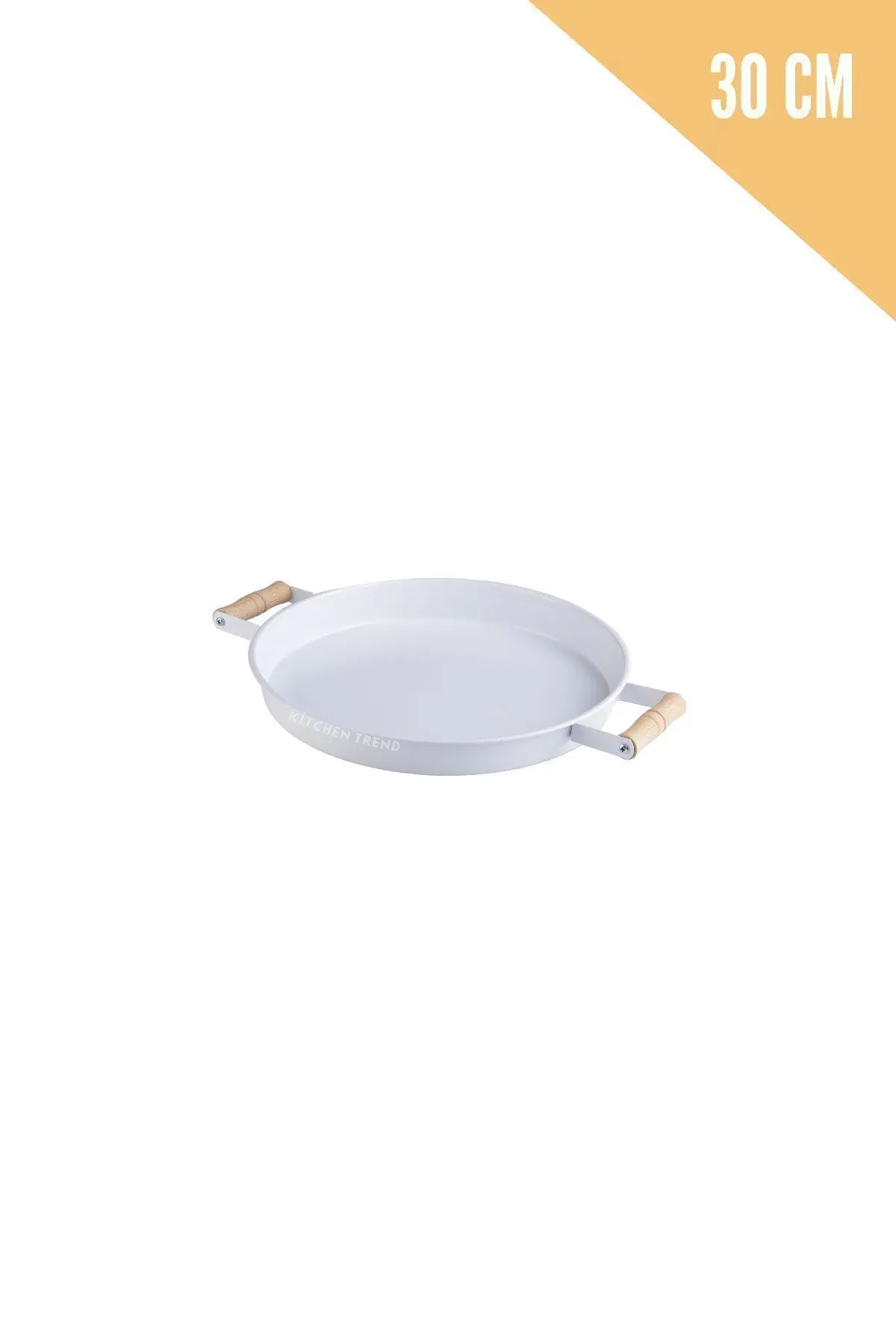 3 Lü Beyaz (45, 37, 30 CM) Ahşap Kulplu Metal Tepsi Çay Tepsisi Sunum Tepsi Seti