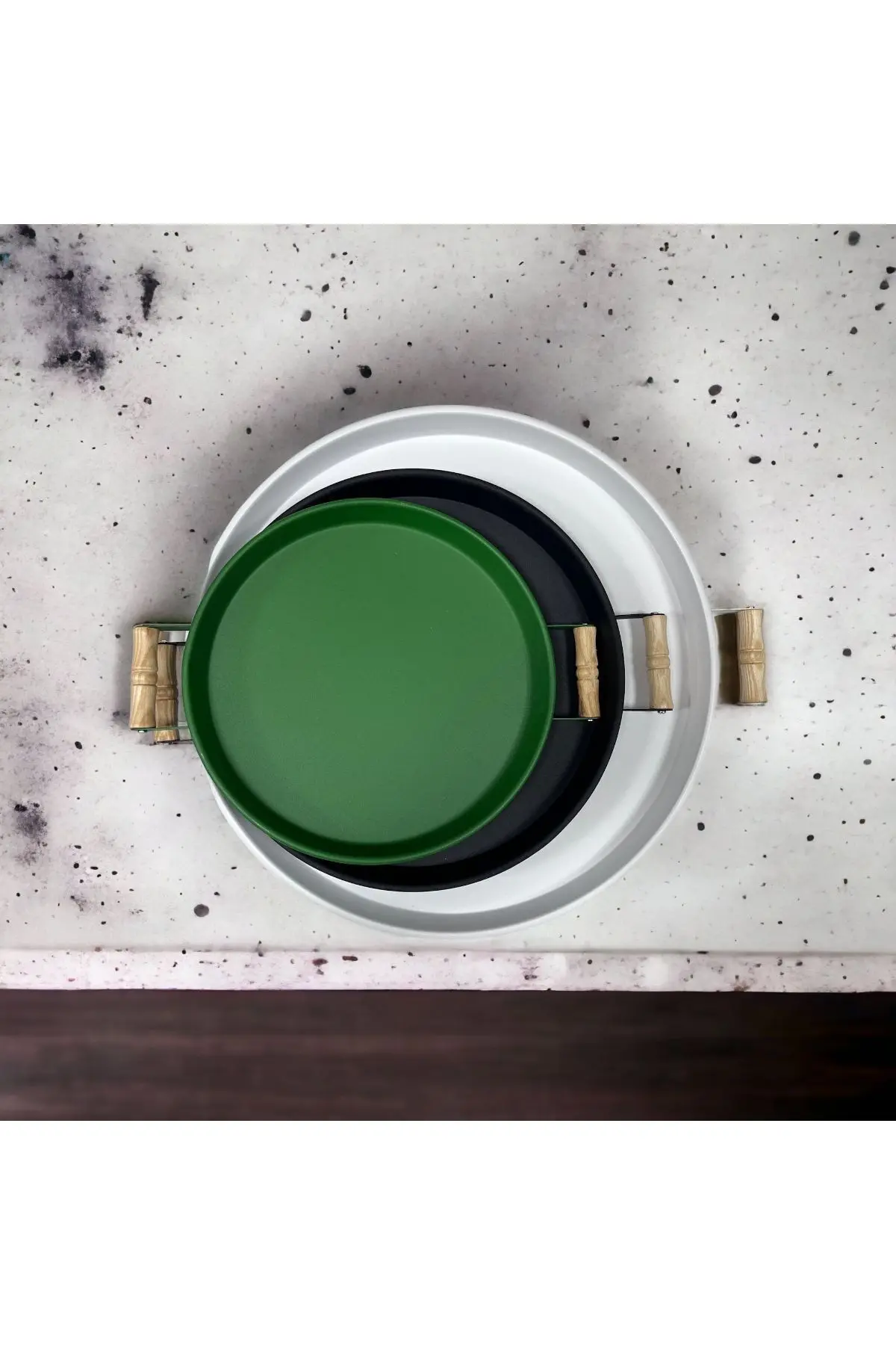 kitchen trend 3 Lü 45beyaz, 37siyah, 30yeşil Ahşap Kulplu Metal Tepsi Çay Tepsisi Sunum Tepsi Seti
