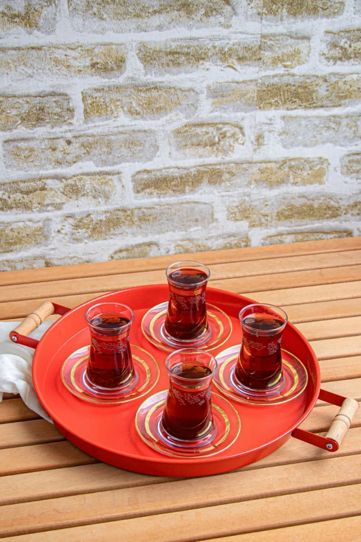 3 Lü 45beyaz, 37yeşil, 30kırmızı Ahşap Kulplu Metal Tepsi Çay Tepsisi Sunum Tepsi Seti