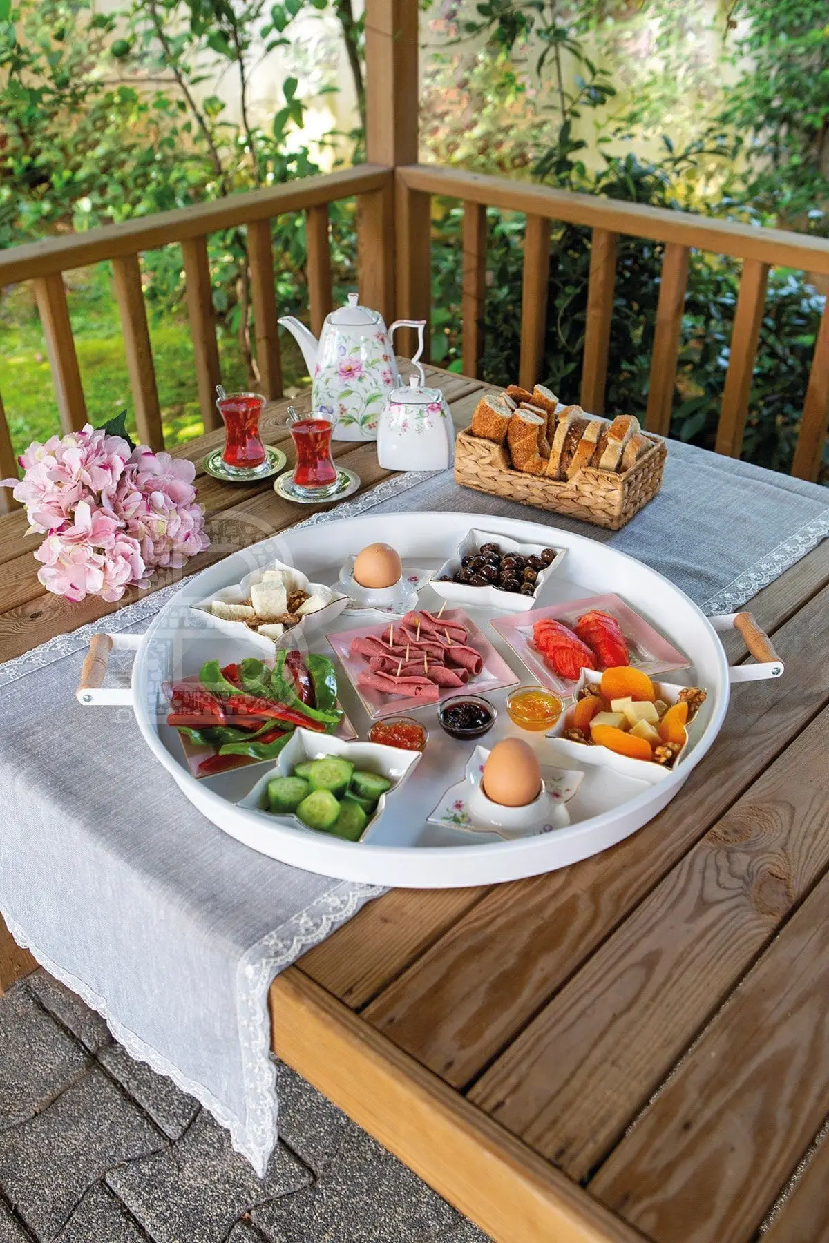 3 Lü (51, 37, 30 CM) Ahşap Kulplu Metal Tepsi Çay Tepsisi Kahve Tepsisi Sunum Tepsi Seti