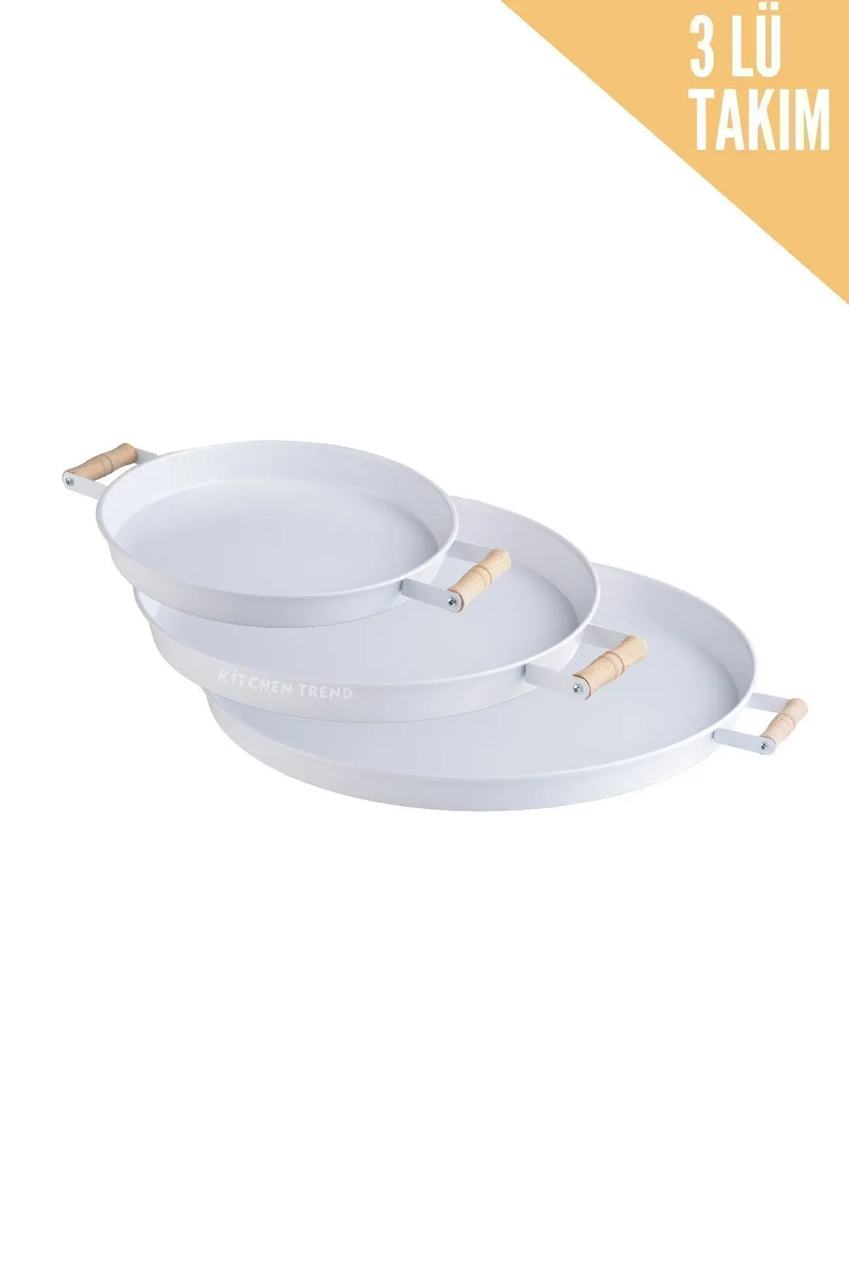 3 Lü Beyaz (45, 37, 30 CM) Ahşap Kulplu Metal Tepsi Çay Tepsisi Sunum Tepsi Seti