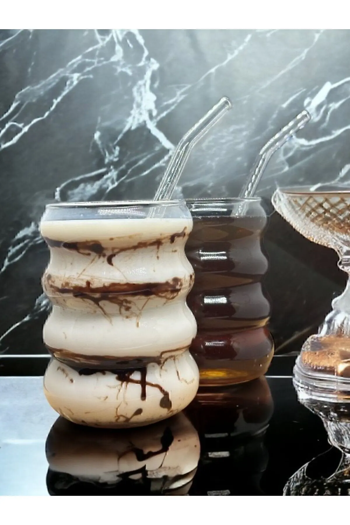 Ara Porselen 2 Adet Isıya Dayanıklı Boğumlu Model Borosilikat Soğuk - Sıcak Kahve Bardağı Pipet Hediyeli