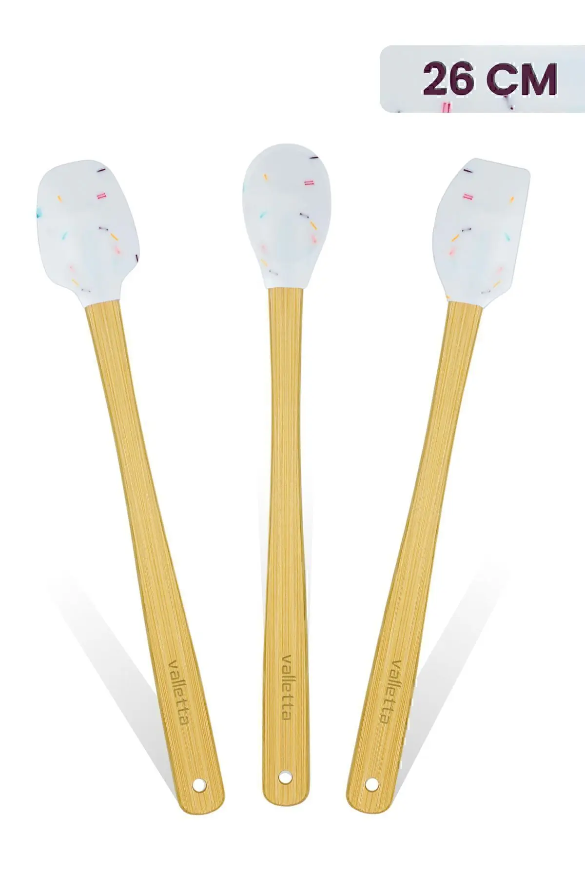 valletta Indigo 3'lü Beyaz Renkli Noktalı Bambu Silikon Spatula Seti Uzun 26 cm