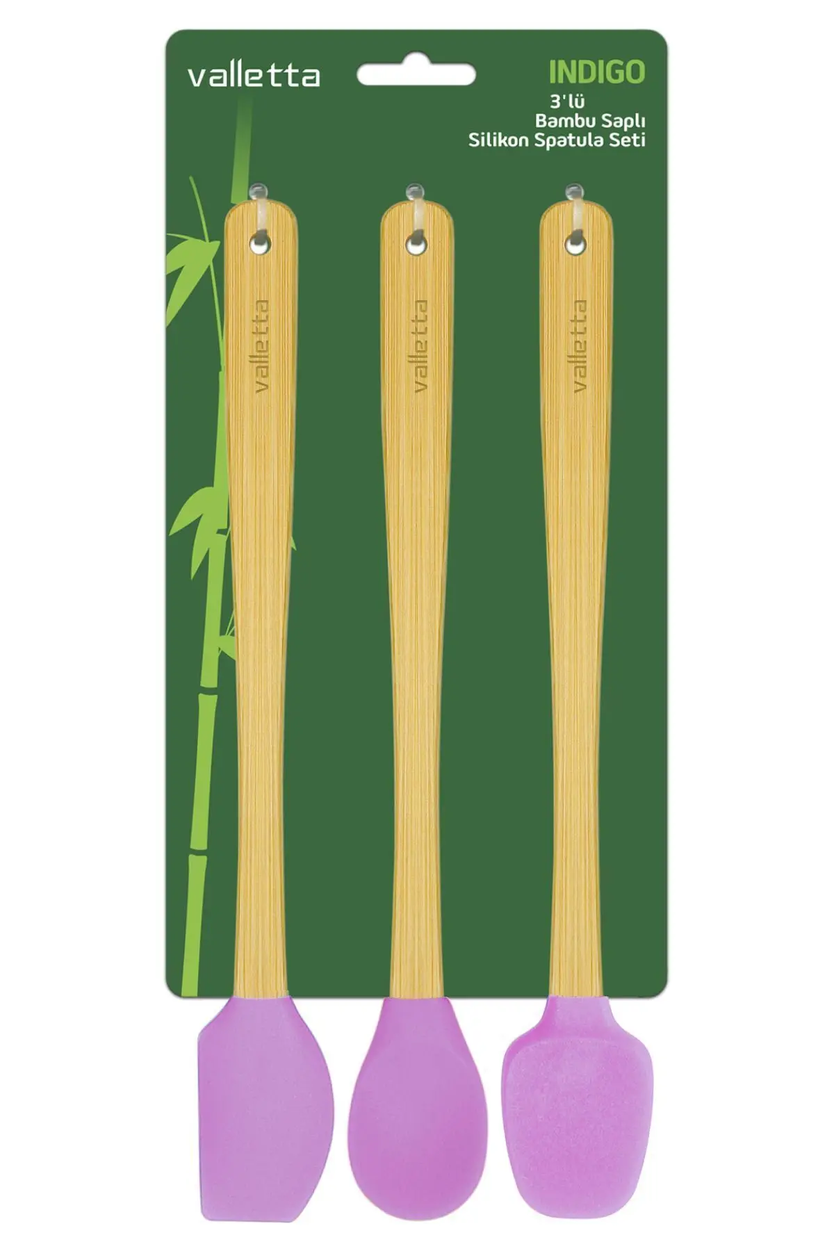 Indigo 3'lü Pembe Bambu Silikon Spatula Seti Uzun 26 Cm