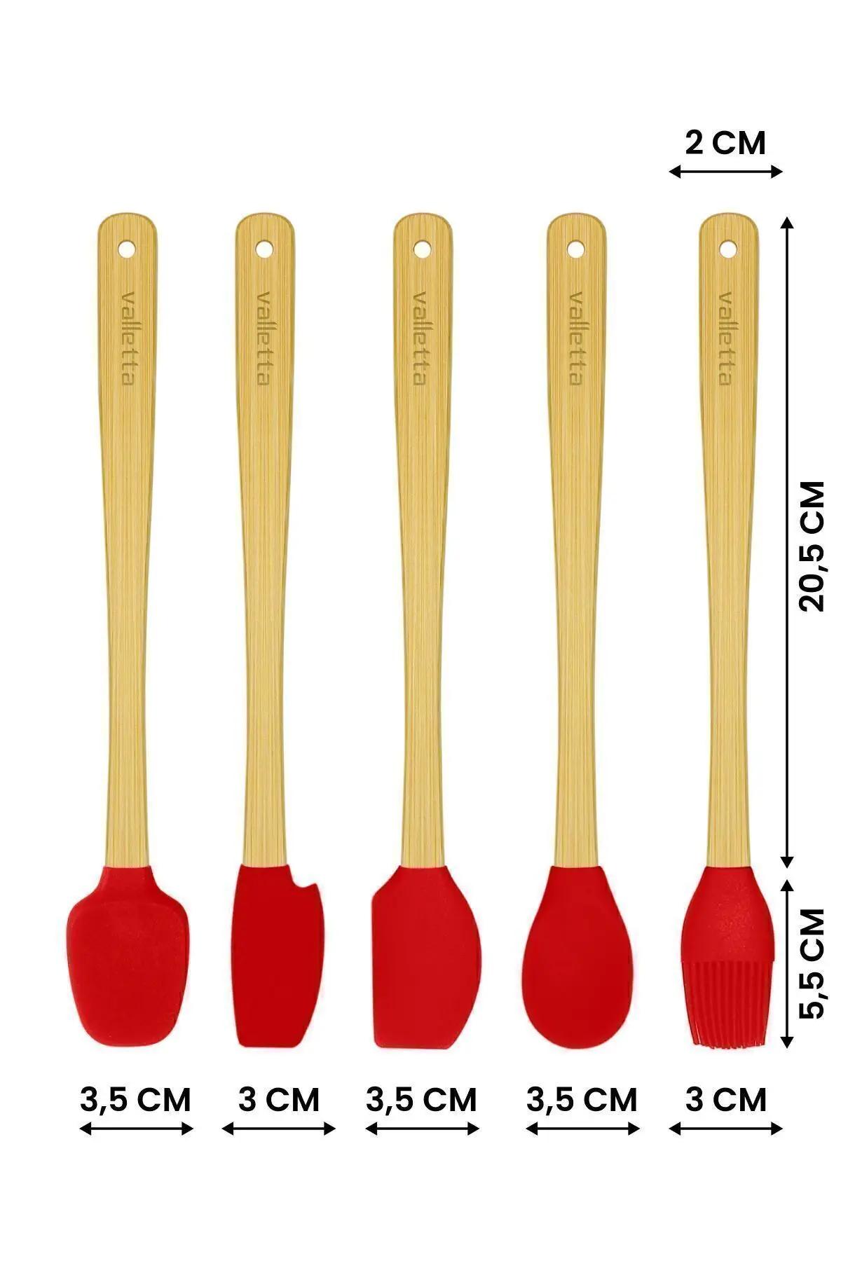 Indigo 5'li Kırmızı Bambu Silikon Spatula Seti Uzun 26 Cm