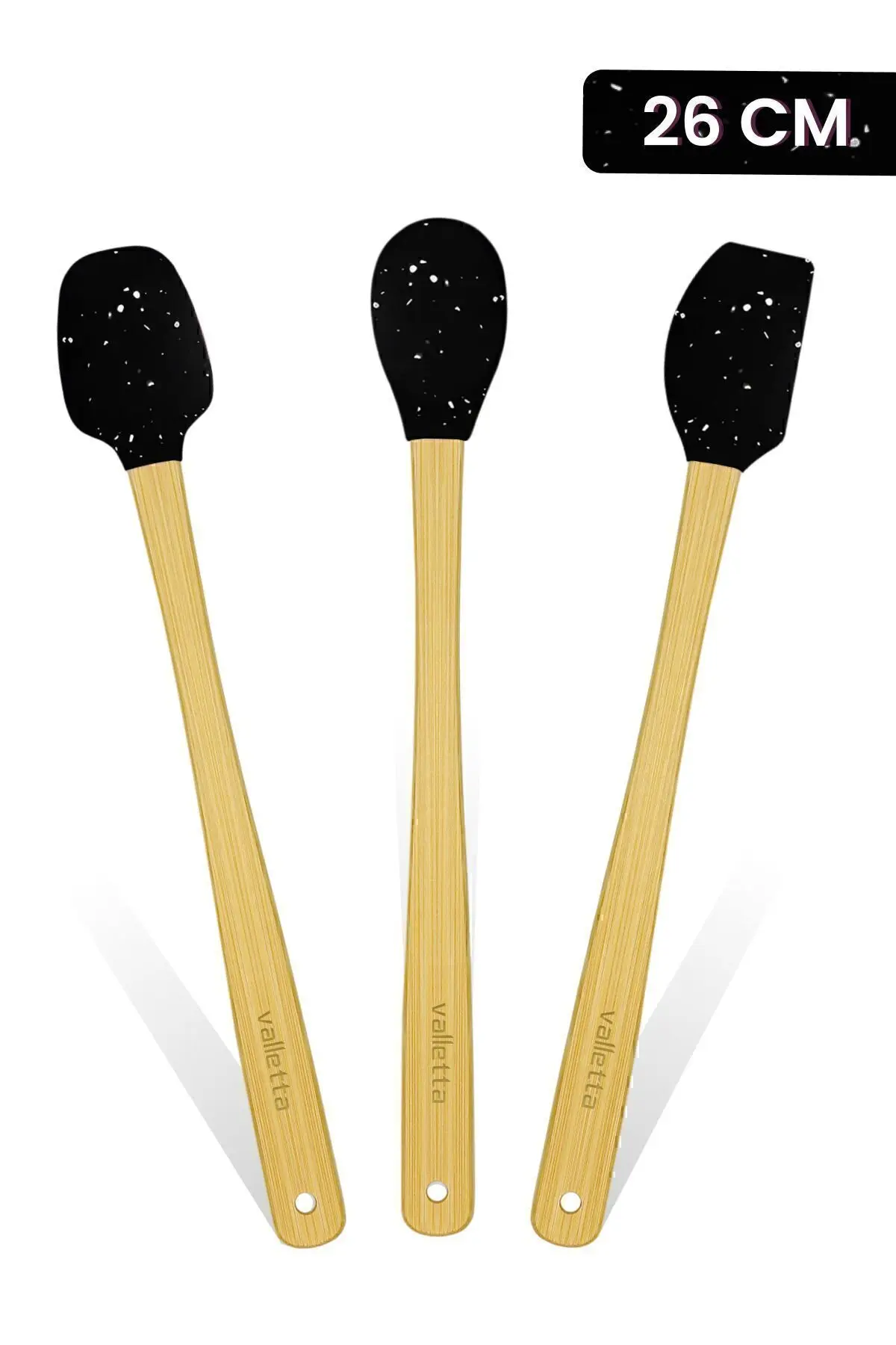valletta Indigo 3'lü Siyah Noktalı Bambu Silikon Spatula Seti Uzun 26 cm