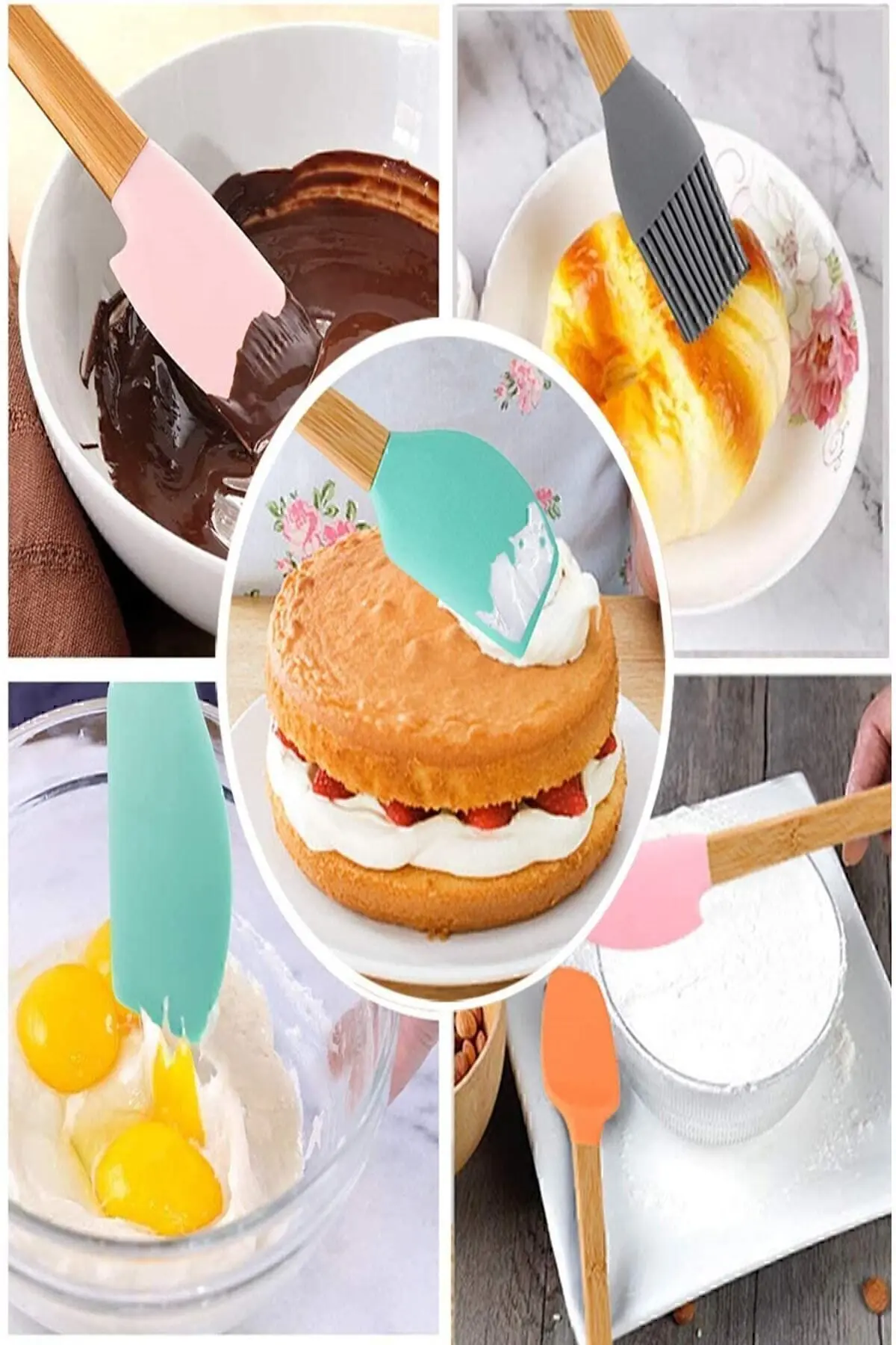 Indigo 5 Li Renkli Bambu Silikon Spatula Seti Uzun 26 cm