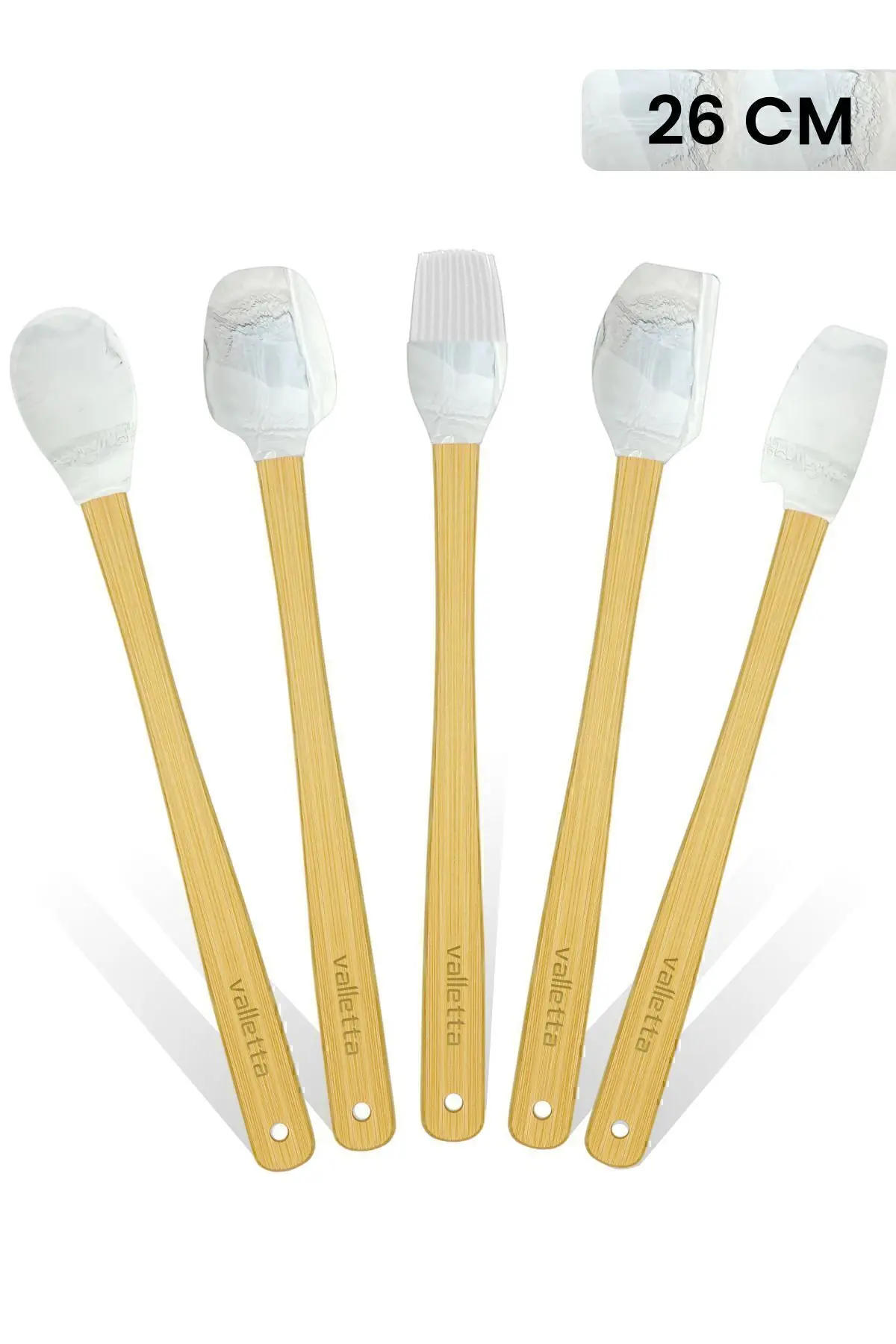 valletta Indigo 5'li Gri Mermer Bambu Silikon Spatula Seti Uzun 26 Cm