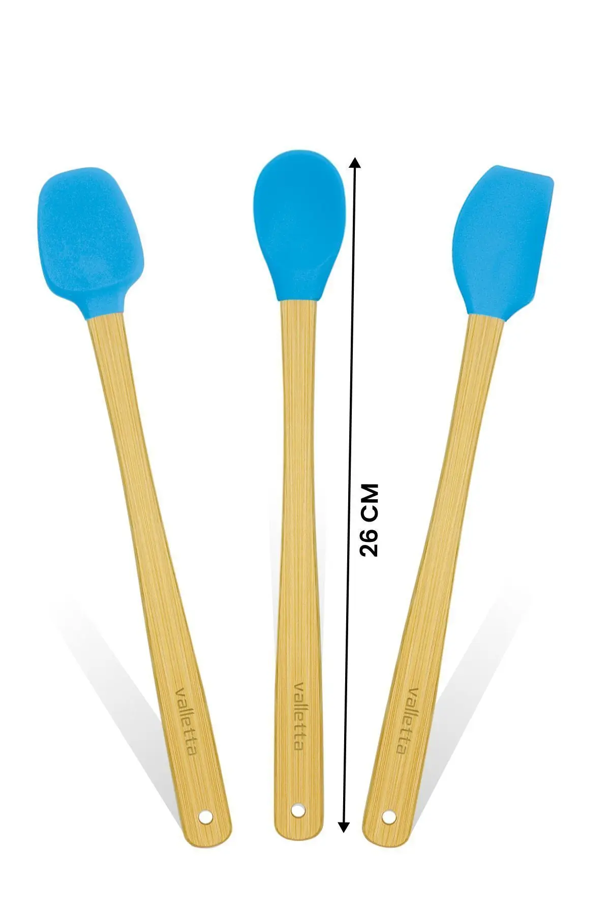 Indigo 3'lü Turkuaz Bambu Silikon Spatula Seti Uzun 26 Cm