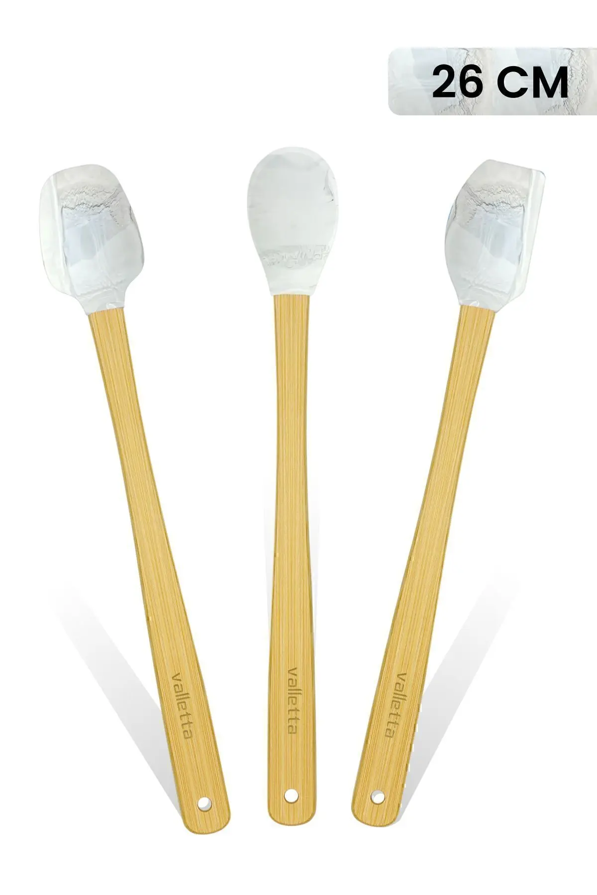 valletta Indigo 3'lü Gri Mermer Bambu Silikon Spatula Seti Uzun 26 cm