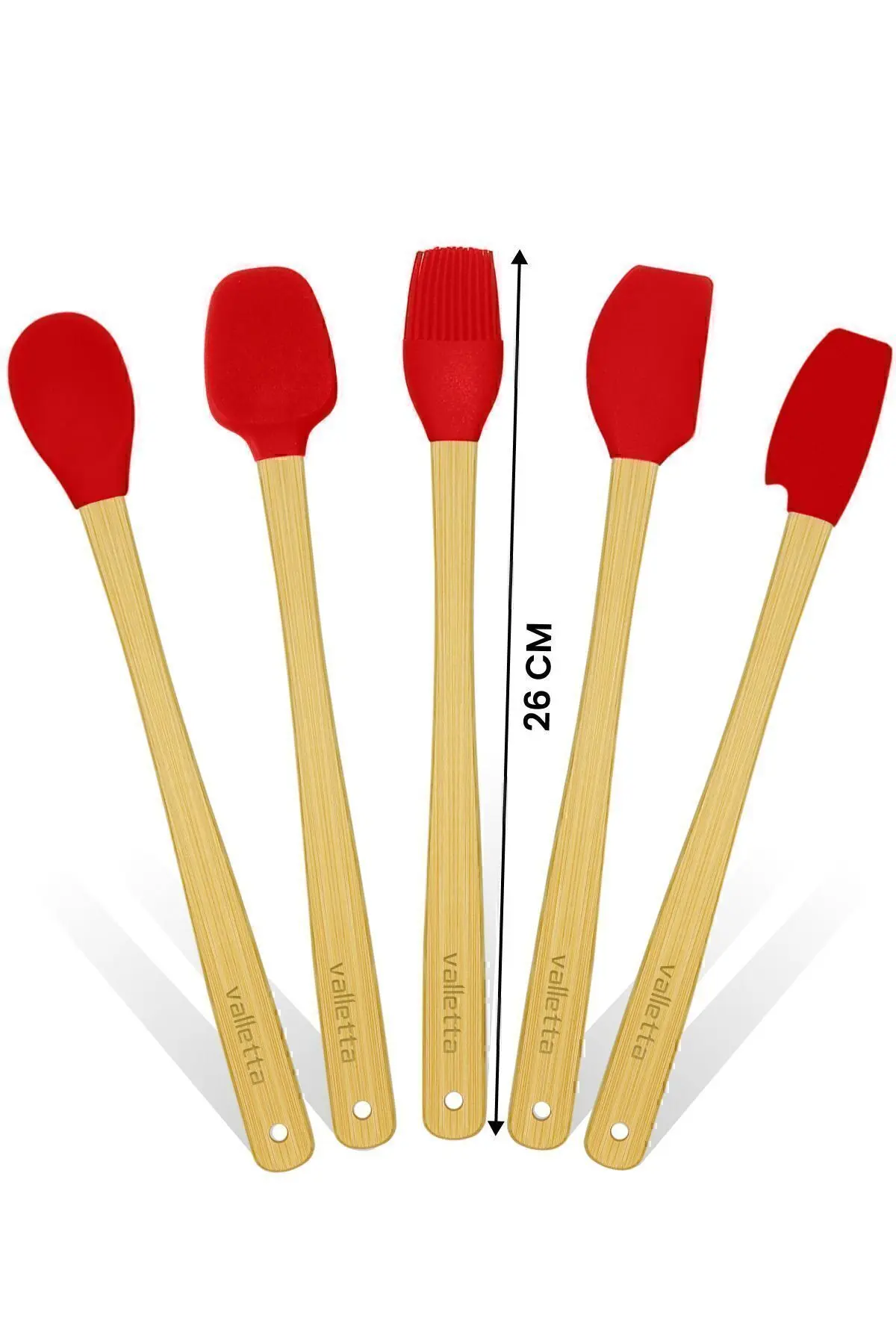 Indigo 5'li Kırmızı Bambu Silikon Spatula Seti Uzun 26 Cm