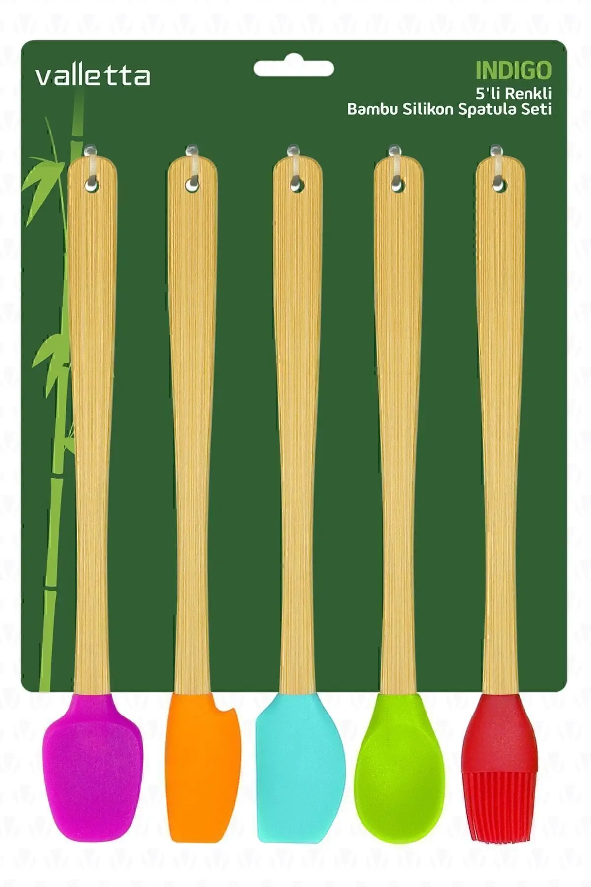 Indigo 5 Li Renkli Bambu Silikon Spatula Seti Uzun 26 cm