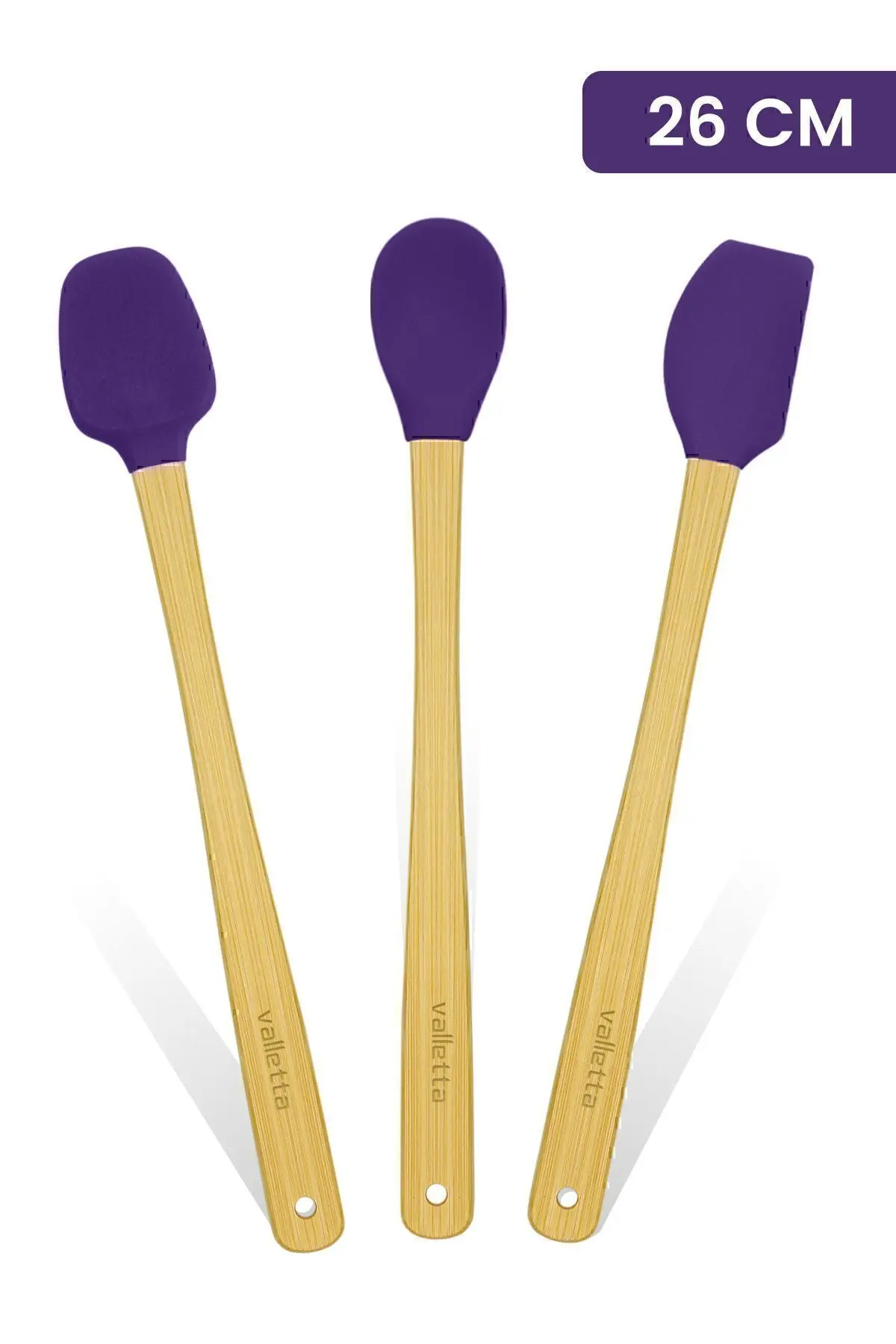 valletta Indigo 3'lü Mor Bambu Silikon Spatula Seti Uzun 26 Cm