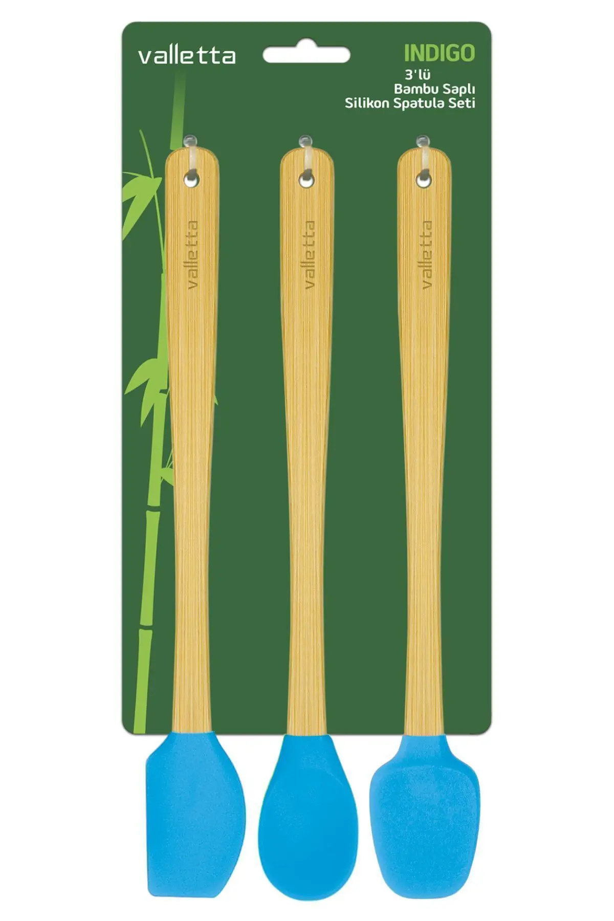 Indigo 3'lü Turkuaz Bambu Silikon Spatula Seti Uzun 26 Cm