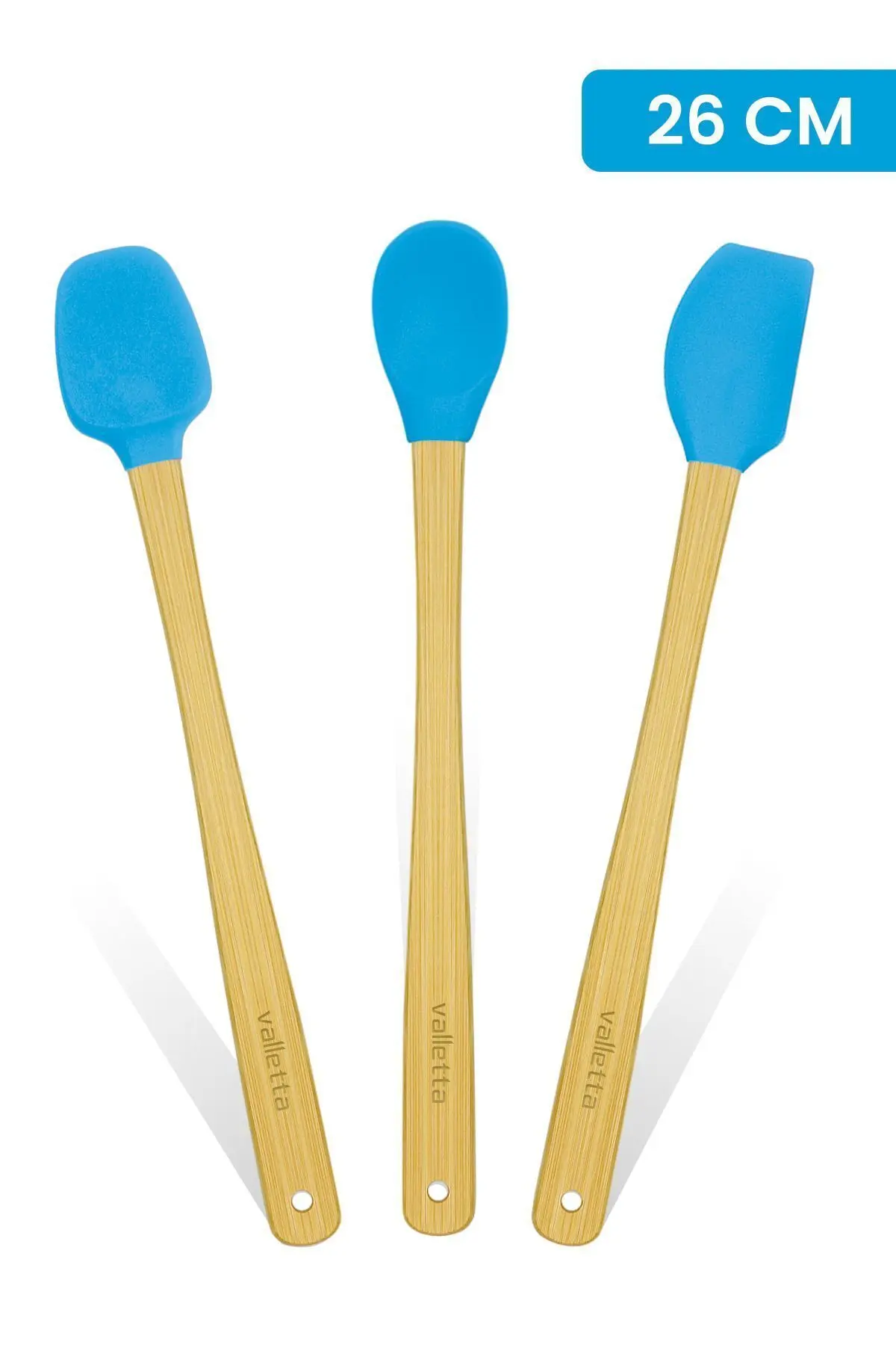 valletta Indigo 3'lü Turkuaz Bambu Silikon Spatula Seti Uzun 26 Cm