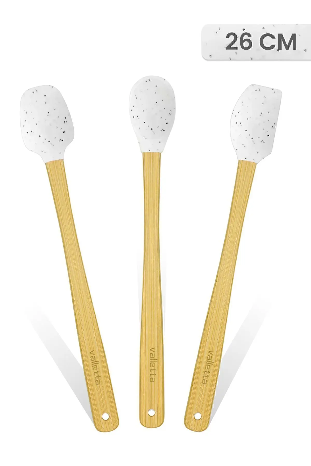 valletta Indigo 3'lü Beyaz Noktalı Bambu Silikon Spatula Seti Uzun 26 cm