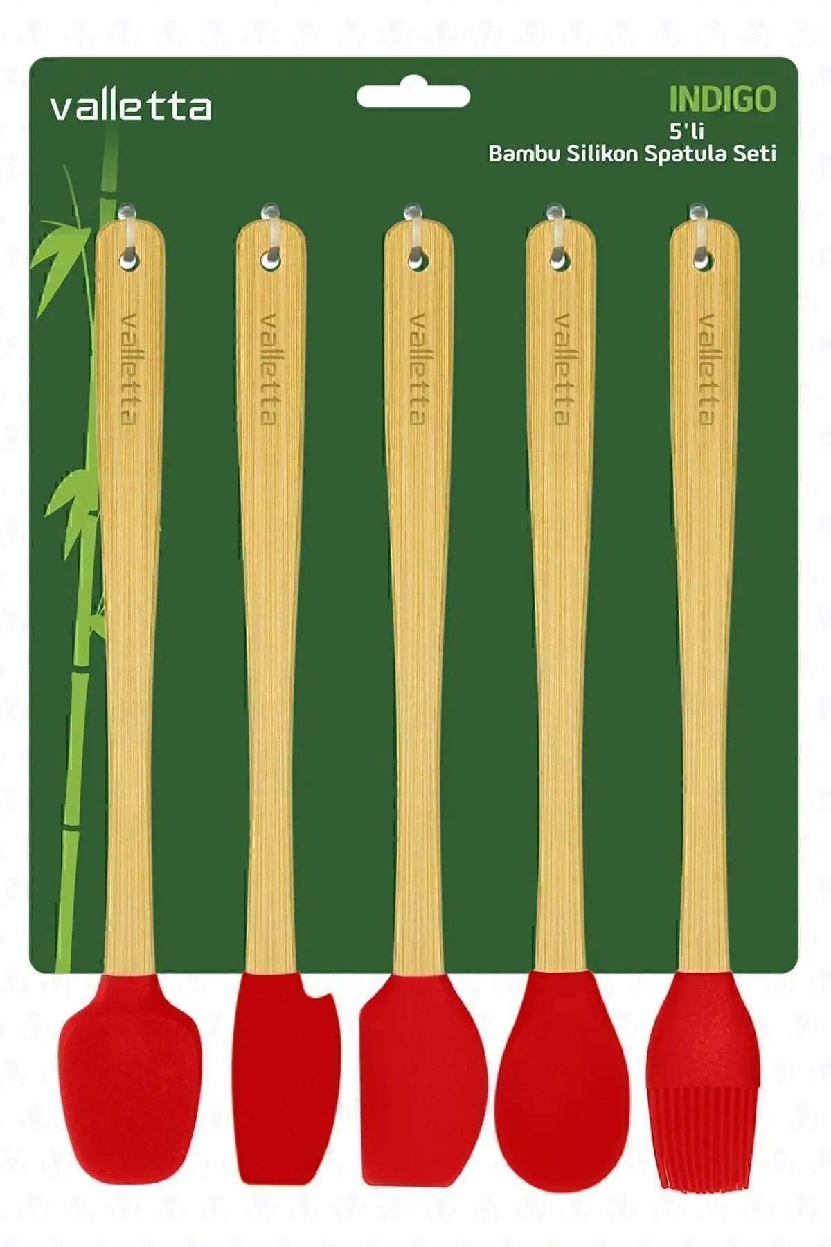 Indigo 5'li Kırmızı Bambu Silikon Spatula Seti Uzun 26 Cm