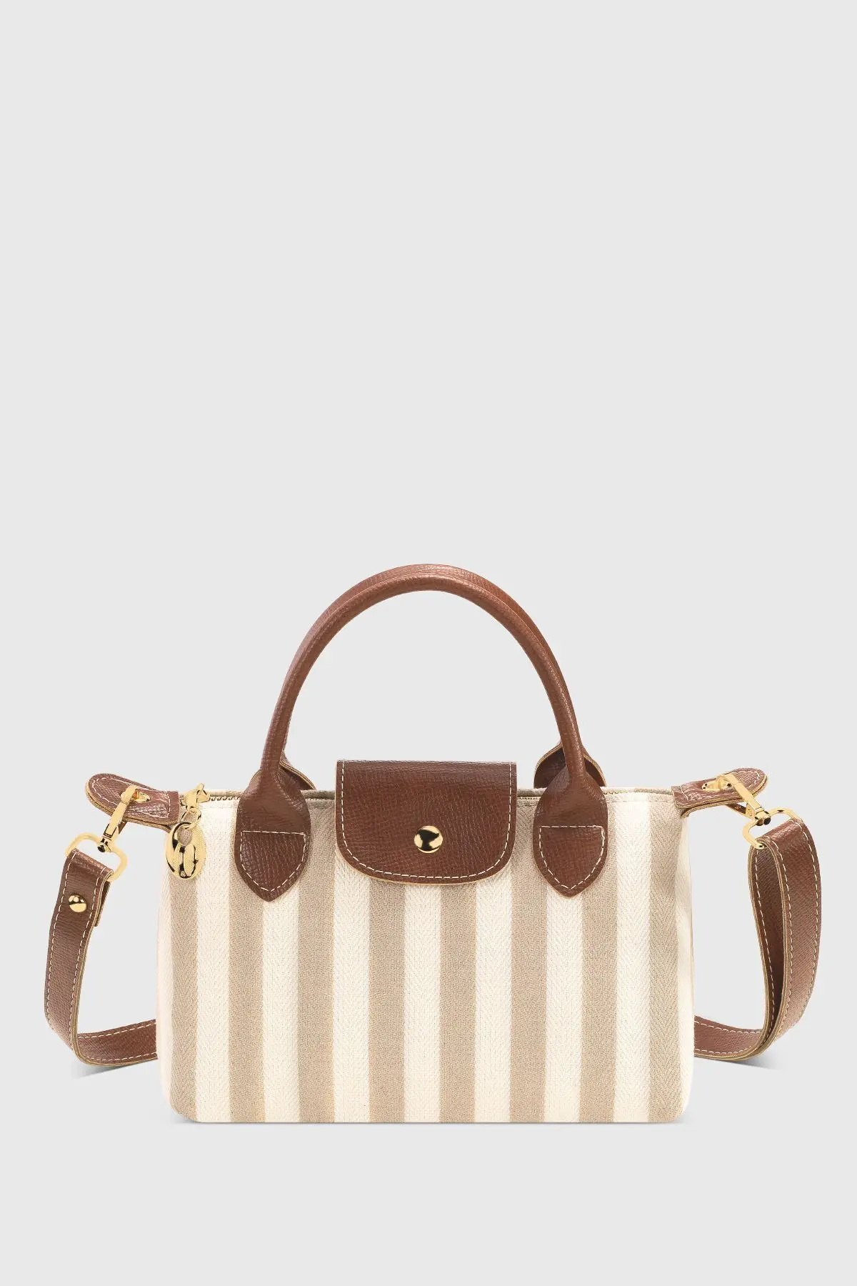 Housebags Krem Çizgili Çok Yönlü PU Deri Çapraz Askılı Çanta