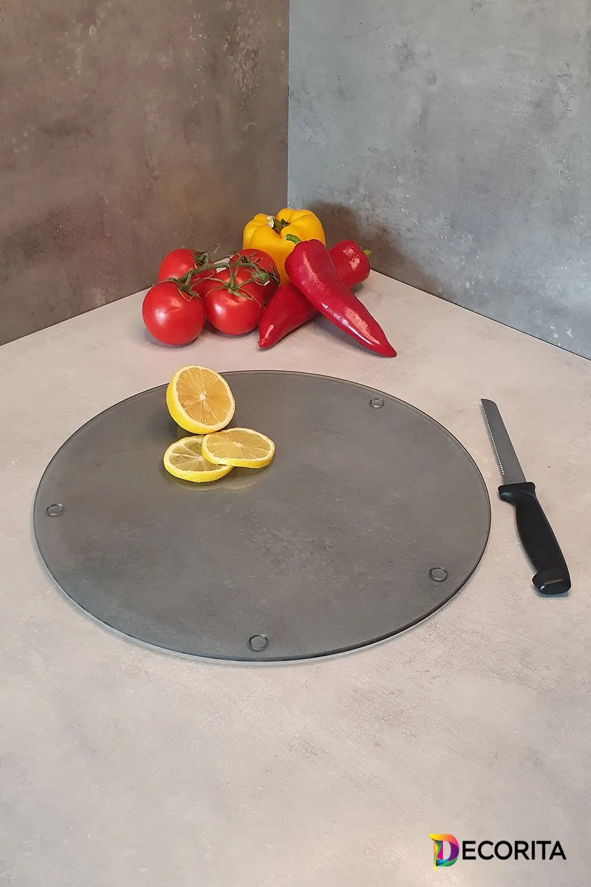 Decorita Cam Kesme Tahtası - Cam Kesme Tablası | Füme Cam | Çap 32cm