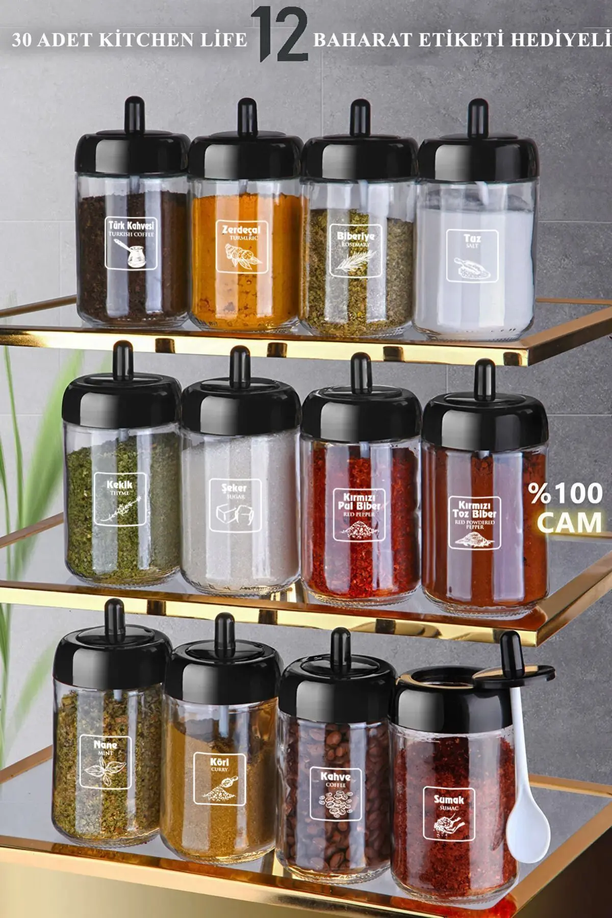 Kitchen Life 12'li Kapağı Kendinden Kaşıklı Ve Etiketli Baharatlık Seti 300 ml Cam Baharat Takımı