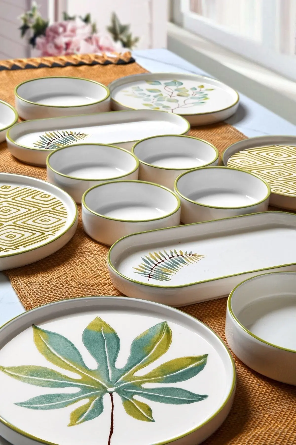 14 Parça 6 Kişilik Stackable Güz Yaprak Kahvaltı Takımı - Lüx Kahvaltılık Sunum Seti Tabağı