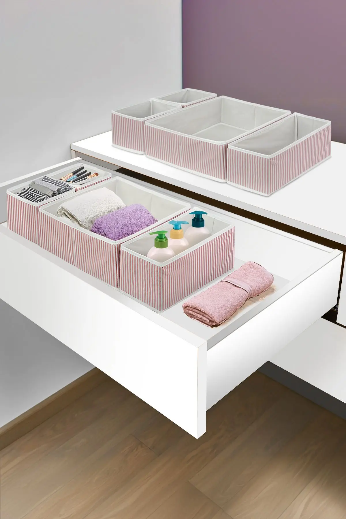 Pudra 4'lü Çizgili Dolap,Çekmece İçi Organizer Seti 28x28x13-28x13x13-13x13x13